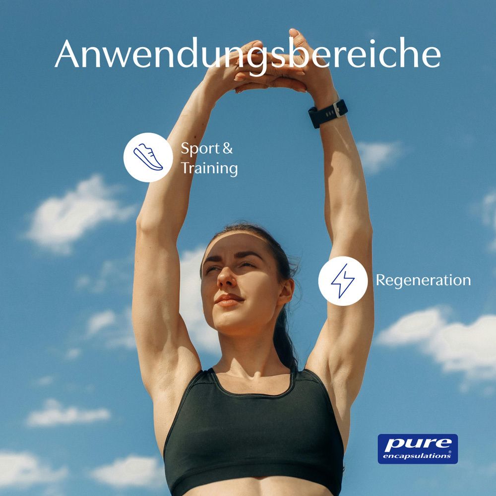 Frau mit erhobenen Armen vor blauem Himmel. Icons für Sport & Training und Regeneration.