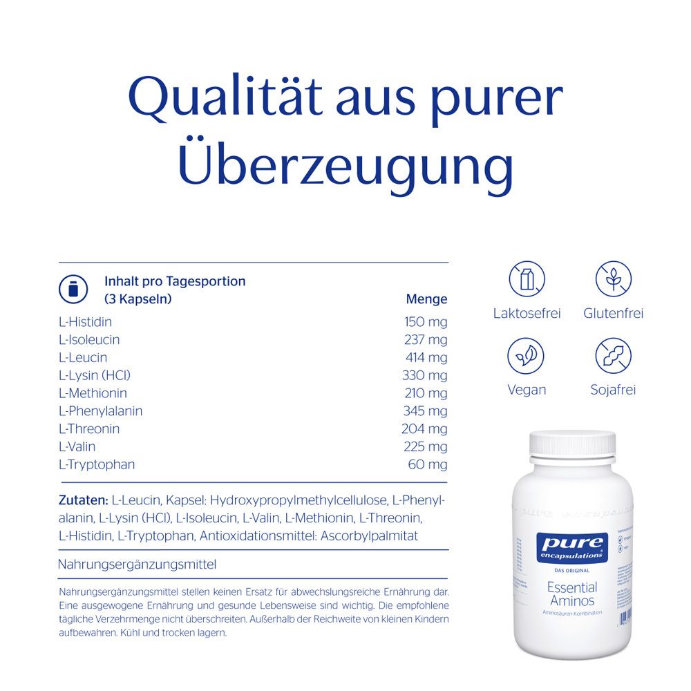 Text mit Inhaltsangaben und Icons. Flasche Essential Aminos. Qualität aus purer Überzeugung.