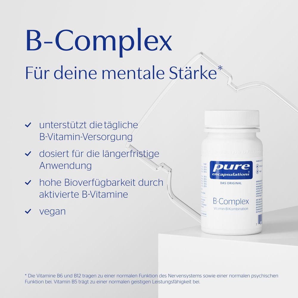 Flasche B-Complex neben Liste von Vorteilen: tägliche Versorgung, vegan.