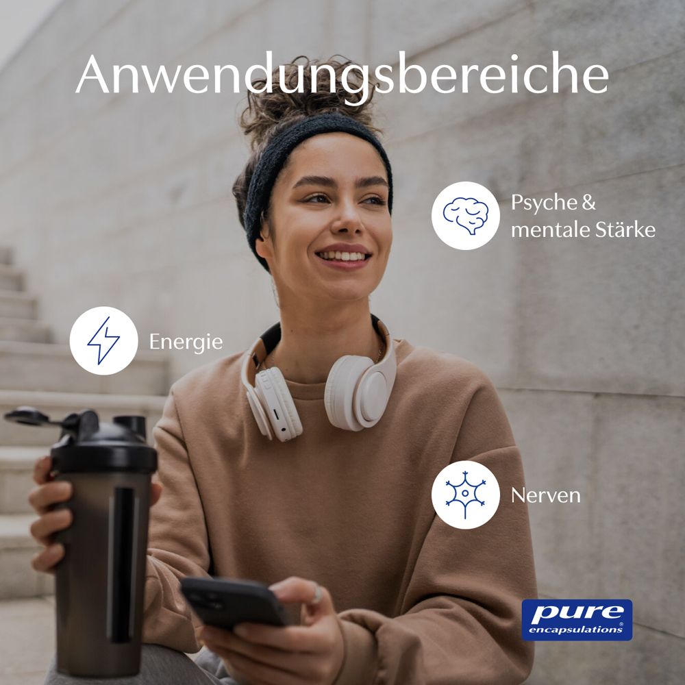 Frau mit Kopfhörern und Trinkflasche, Icons für Energie, Nerven und mentale Stärke.