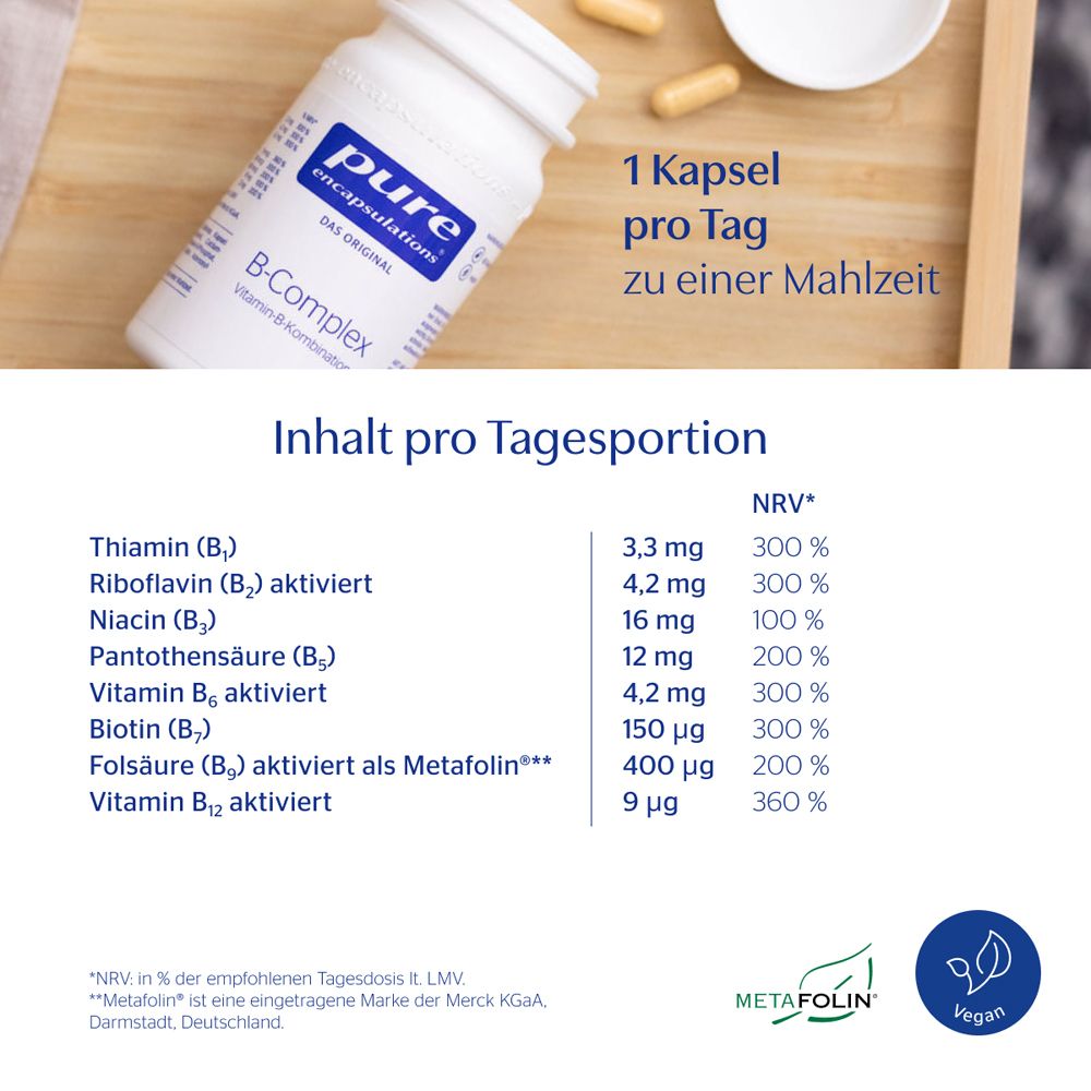 pure encapsulations® B-Complex Dose mit Übersicht der Inhaltsstoffe pro Tagesportion und veganem Siegel.