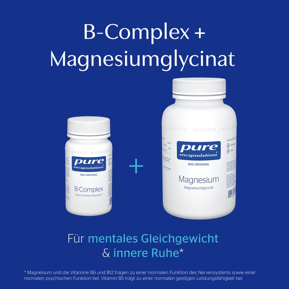 Flasche B-Complex neben Flasche Magnesiumglycinat.