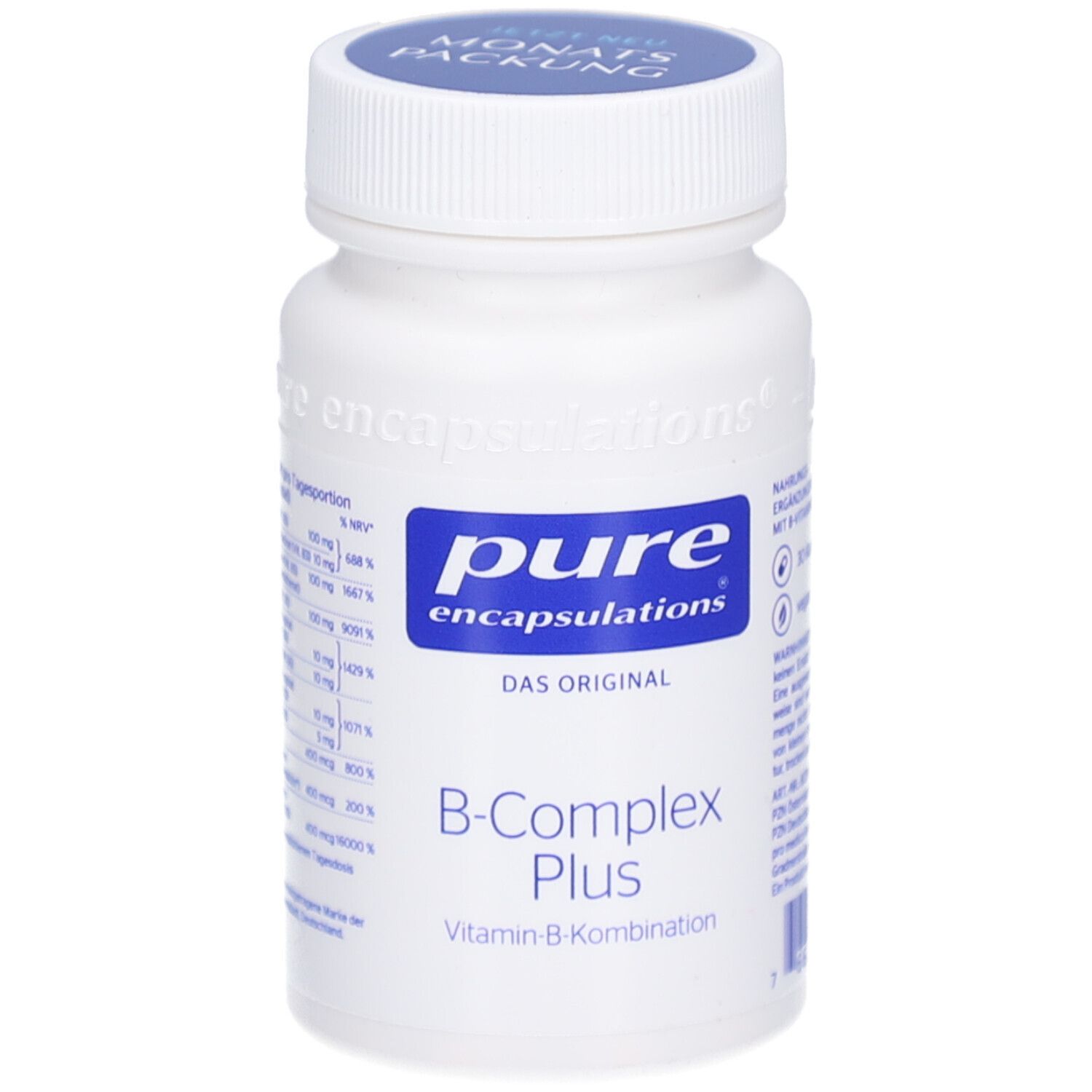 Weiße Flasche mit blauem Etikett. Aufschrift: pure encapsulations B-Complex Plus Vitamin-B-Kombination.