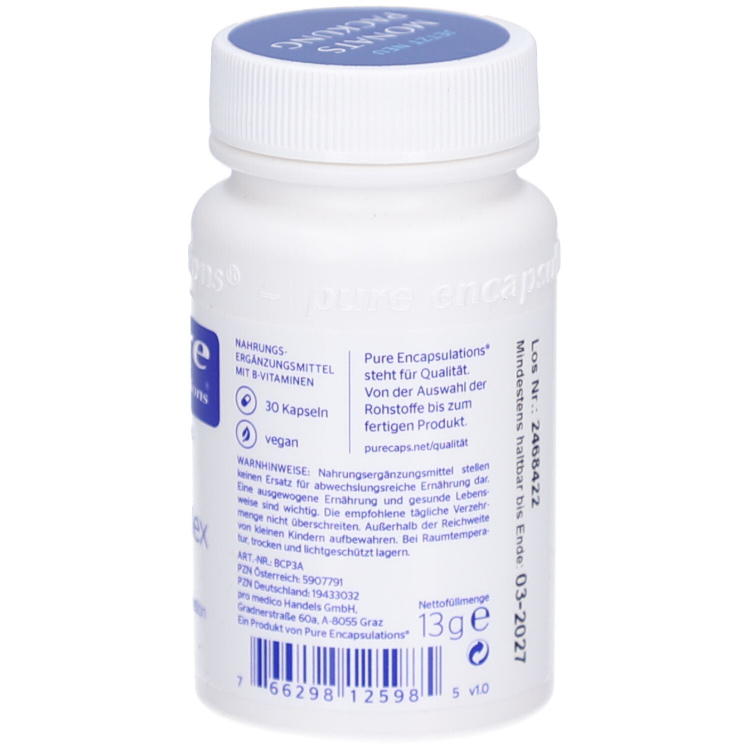 Weiße Flasche mit blauem Etikett. Aufschrift: pure encapsulations B-Complex Plus. 30 Kapseln, vegan, 13g.