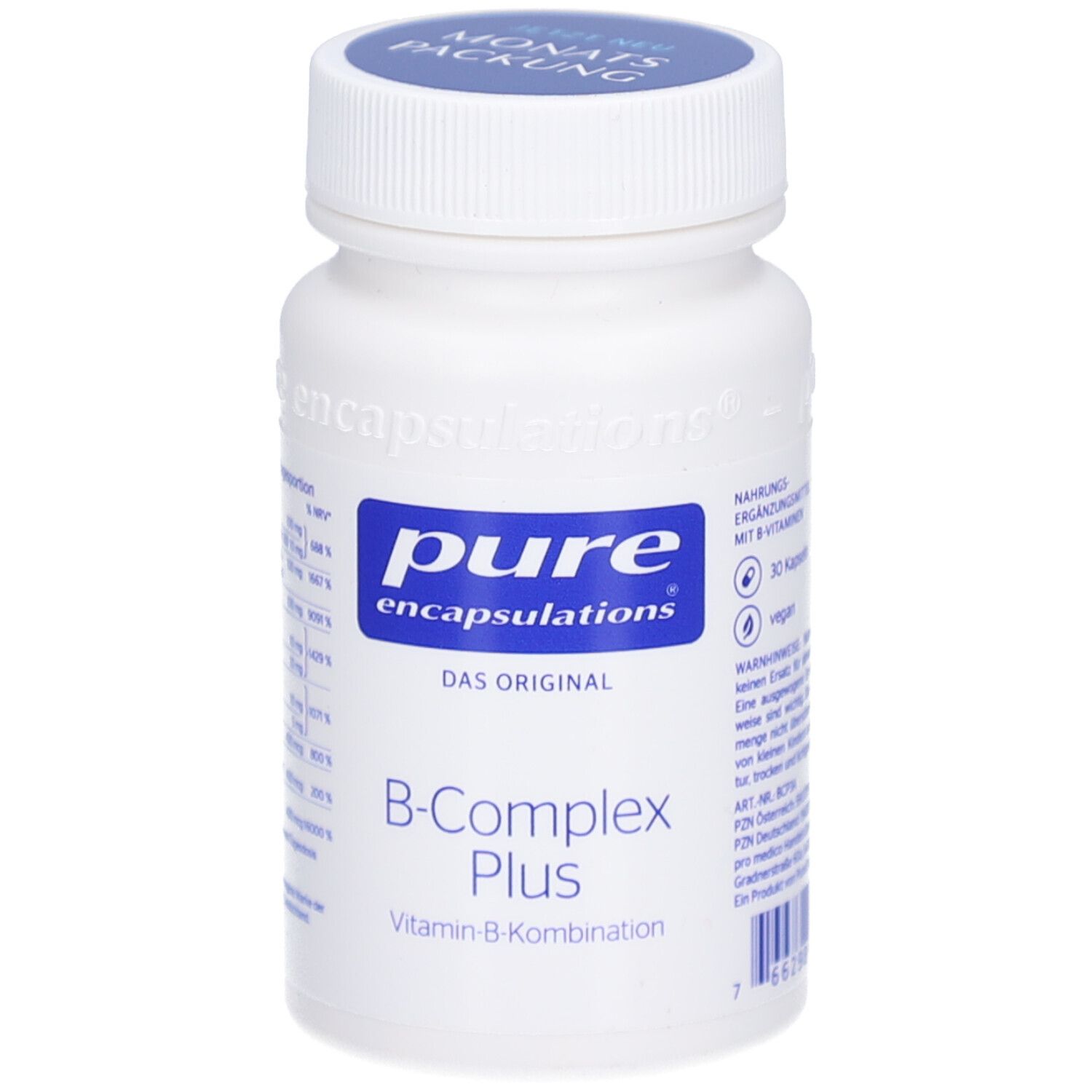 Weiße Flasche mit blauem Etikett. Aufschrift: pure encapsulations B-Complex Plus Vitamin-B-Kombination. 30 Kapseln.