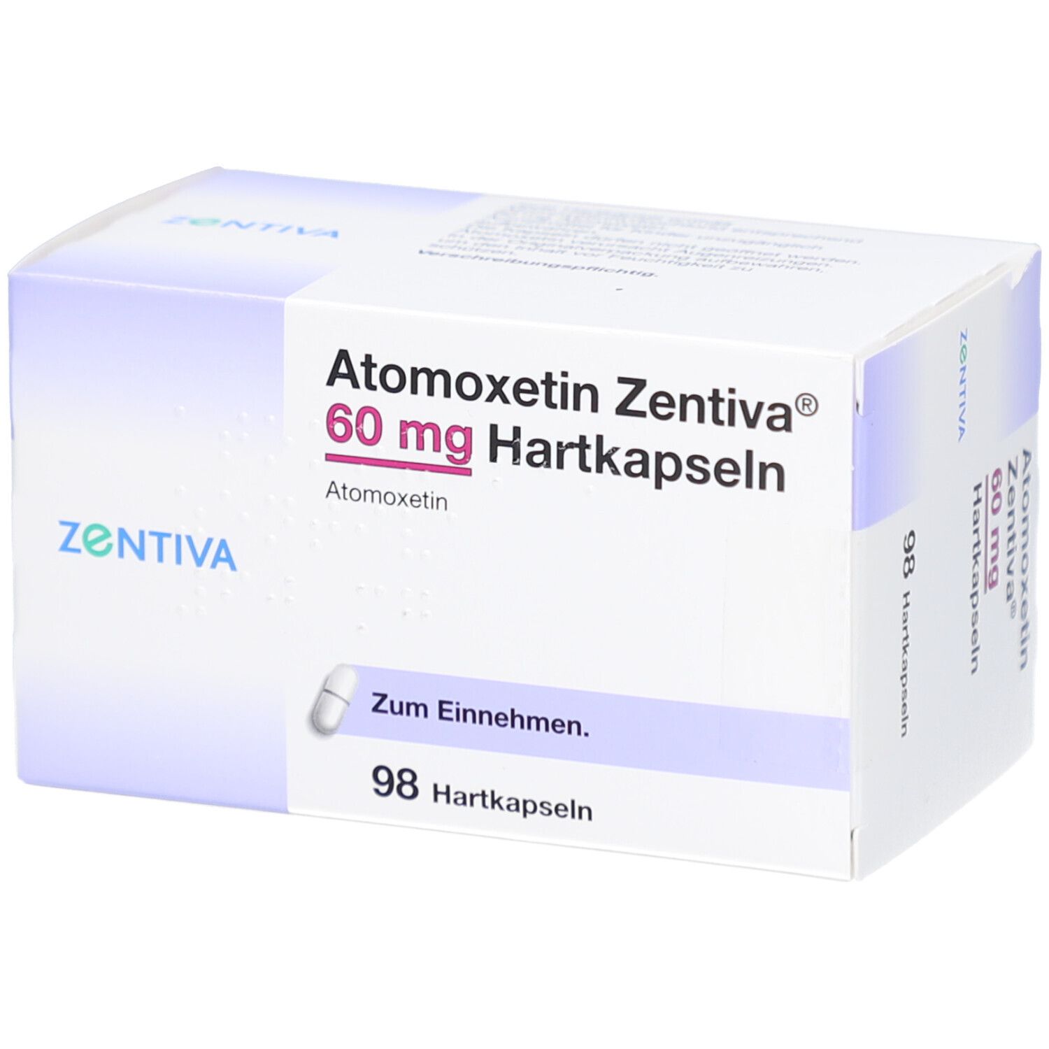 Schachtel mit Atomoxetin Zentiva 60 mg Hartkapseln. Enthält 98 Kapseln. Aufschrift: Zum Einnehmen.