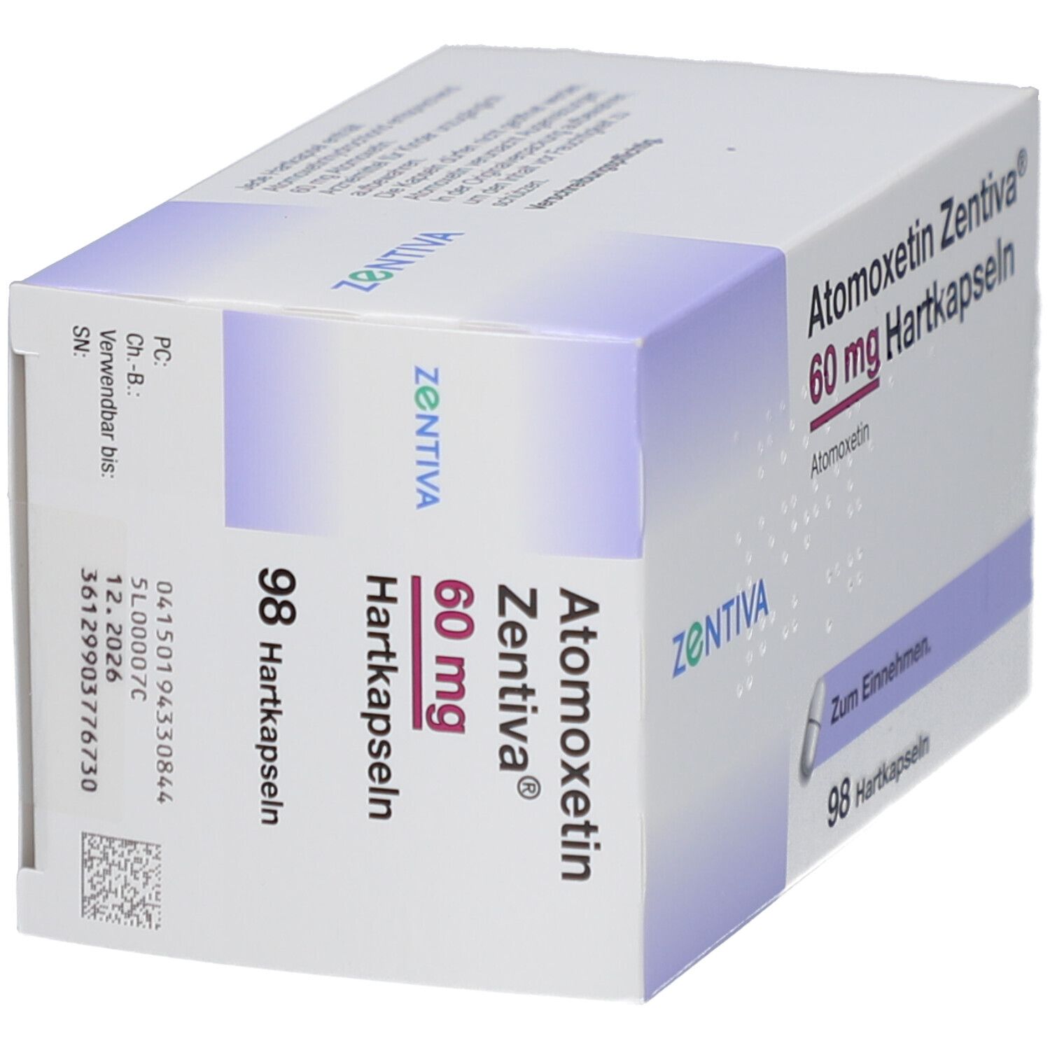 Schachtel Atomoxetin Zentiva 60 mg Hartkapseln. 98 Hartkapseln. Aufdruck: Zum Einnehmen. Verpackungsinformationen.