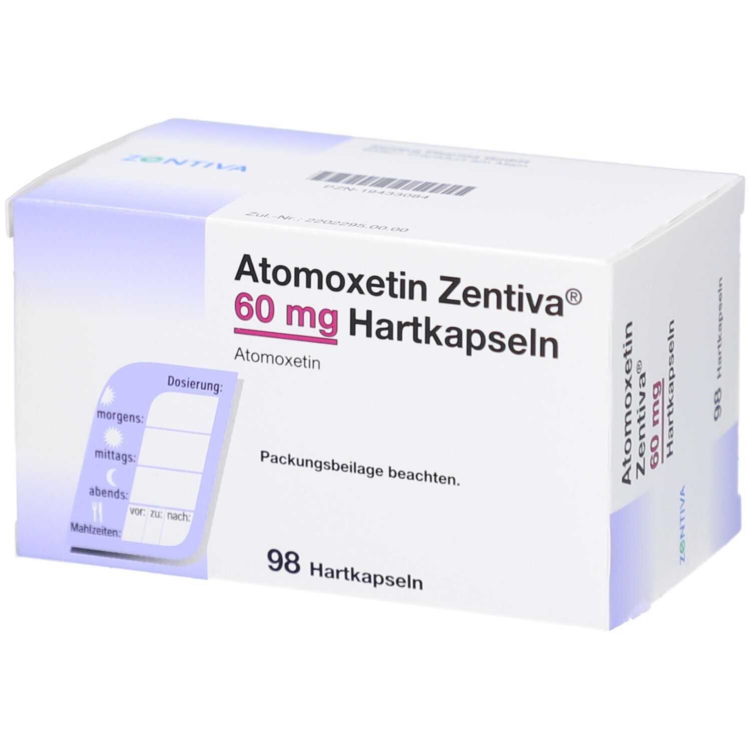 Schachtel Atomoxetin Zentiva 60 mg Hartkapseln. 98 Hartkapseln. Dosierungshinweise auf der Seite.