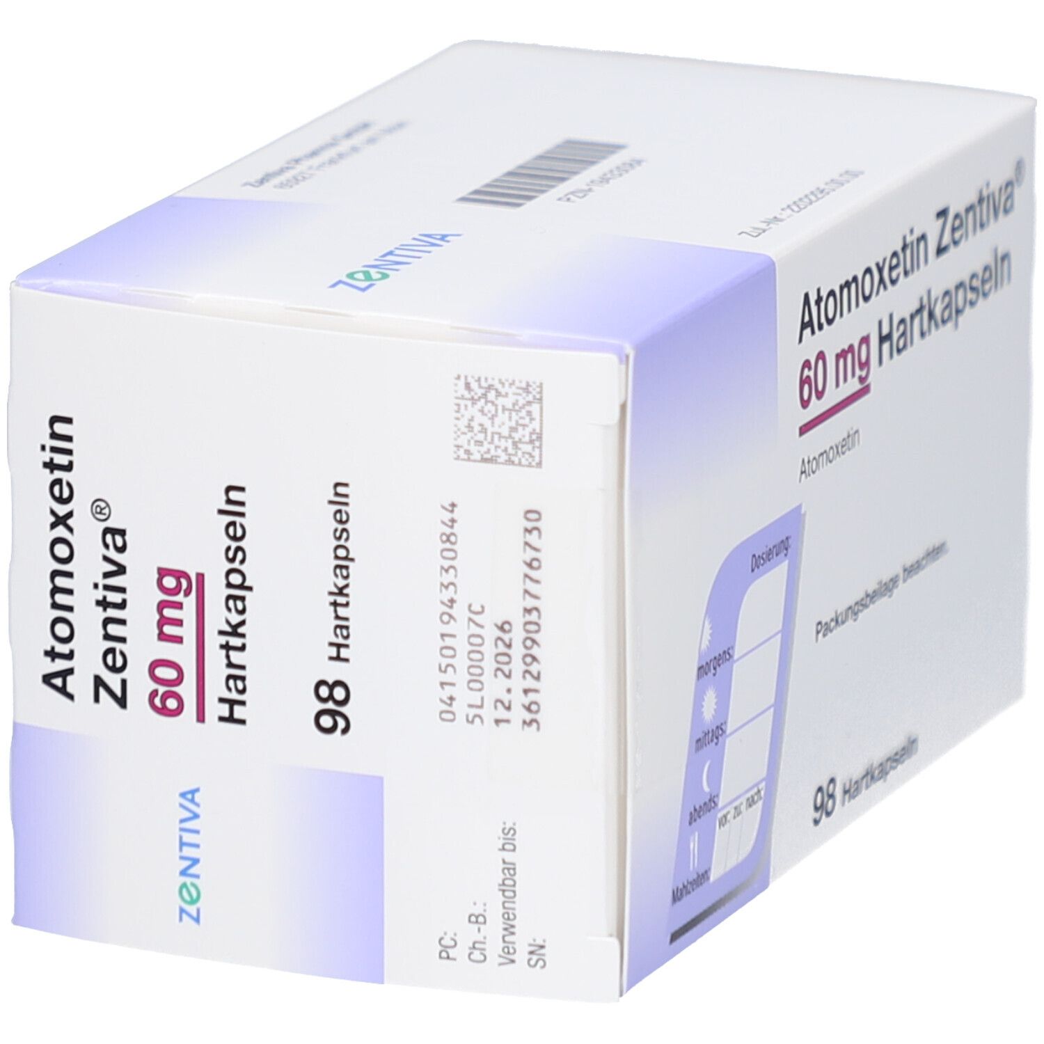 Schachtel Atomoxetin Zentiva 60 mg Hartkapseln. 98 Hartkapseln. Dosierungshinweise und Verpackungsinformationen.