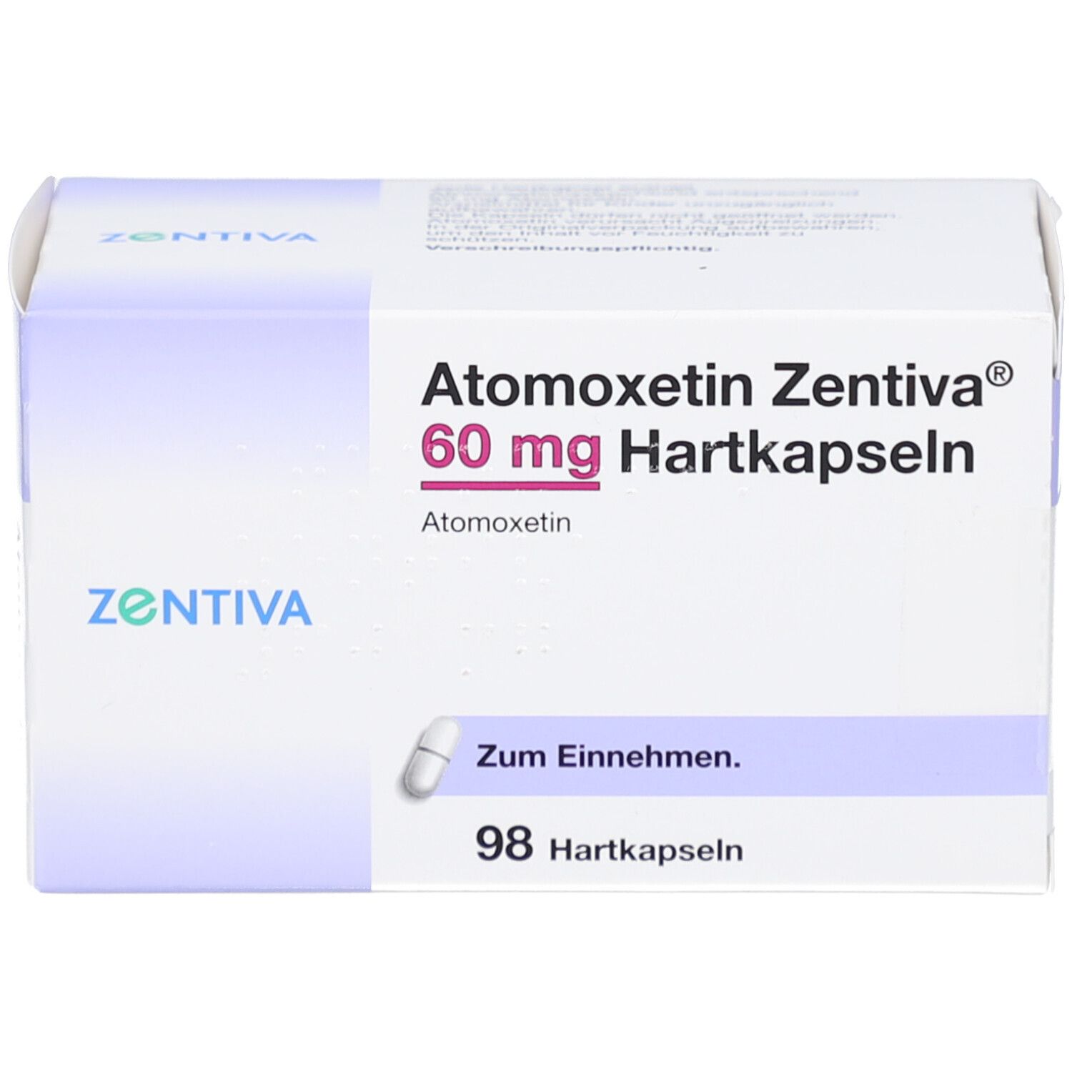 Schachtel Atomoxetin Zentiva 60 mg Hartkapseln. 98 Hartkapseln. Aufschrift: Zum Einnehmen.