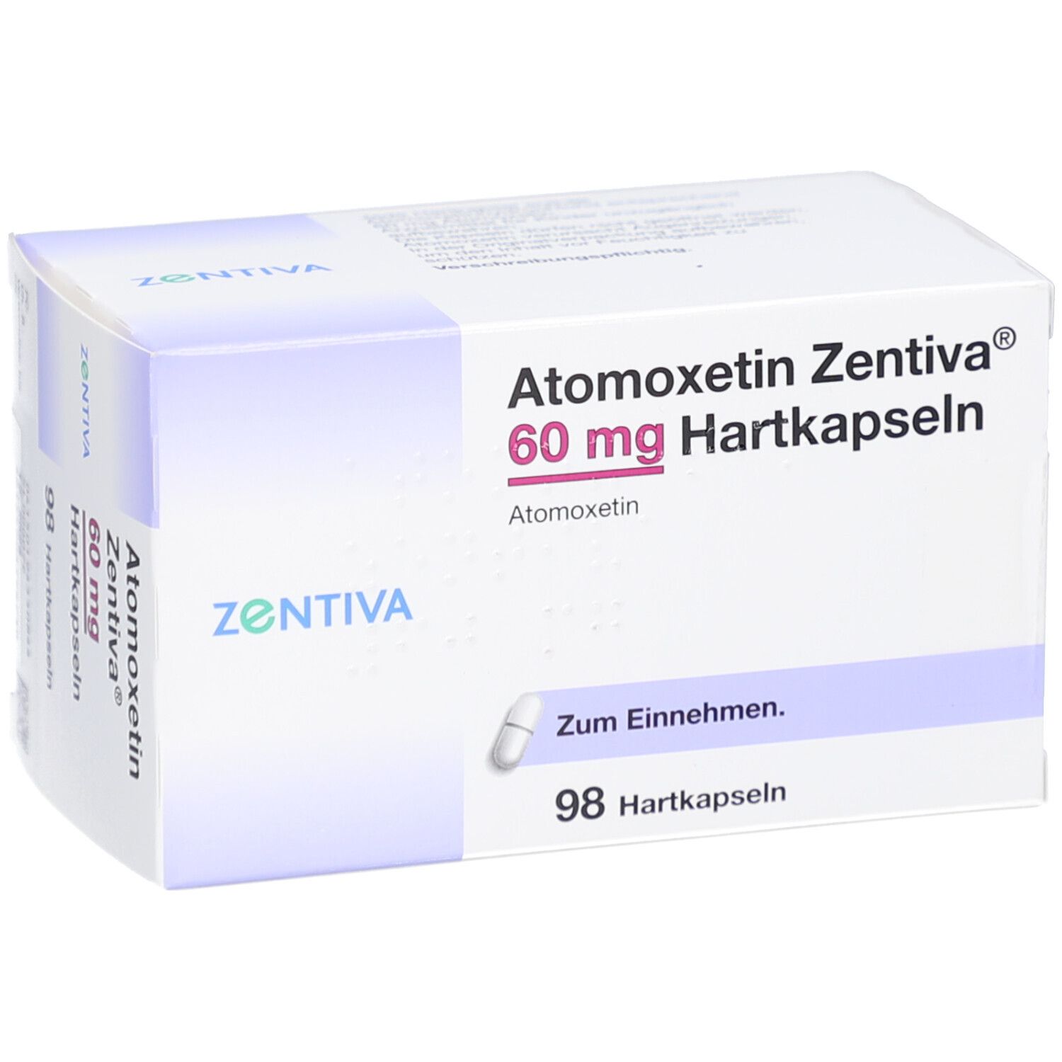 Schachtel Atomoxetin Zentiva 60 mg Hartkapseln. 98 Hartkapseln. Aufschrift: Zum Einnehmen.