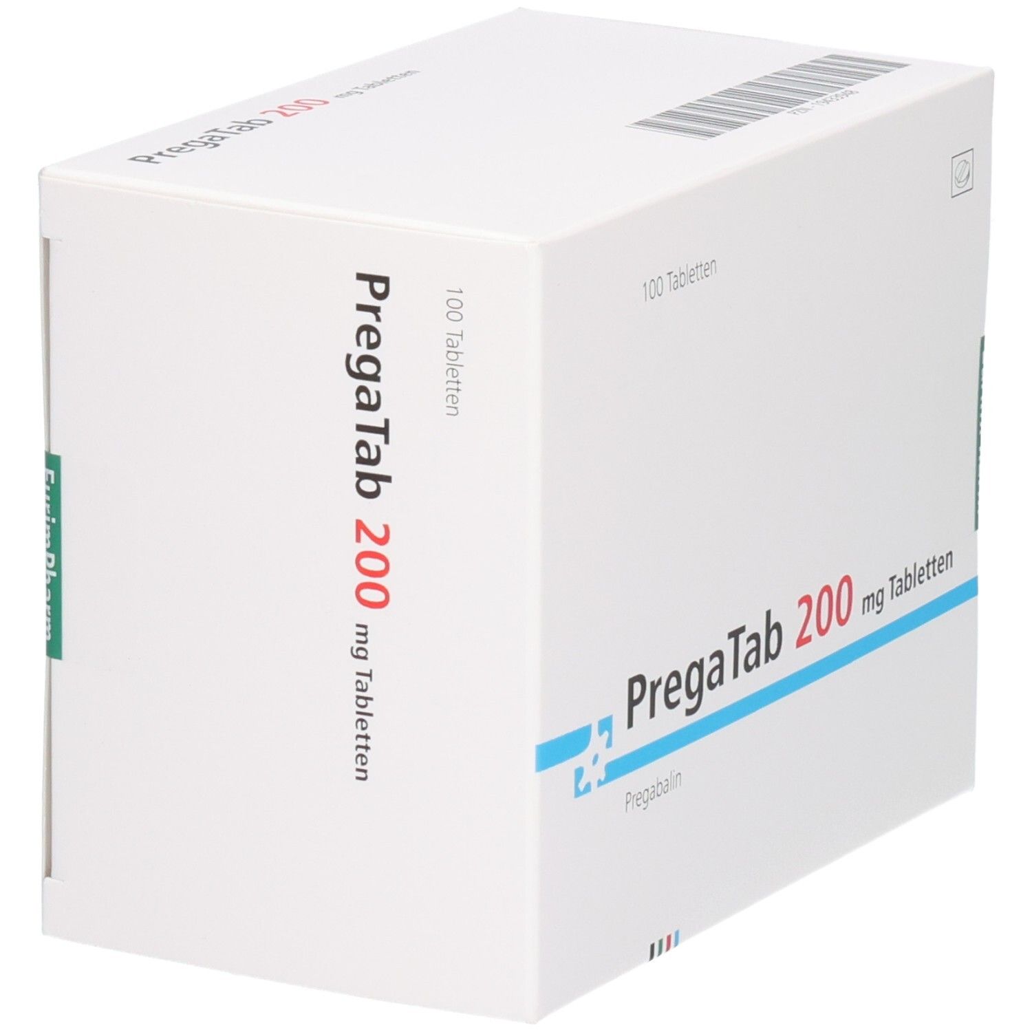 Weiße Schachtel mit PREGATAB 200 mg Tabletten. Aufschrift: 100 Tabletten. Blaue Akzente. Eurimpharm Logo.