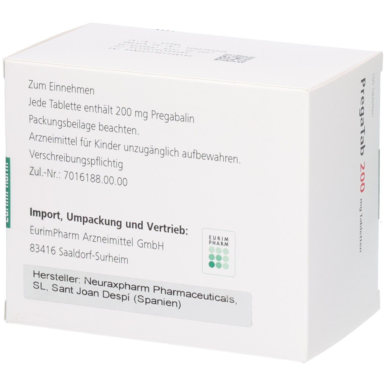 Weiße Schachtel mit Text. Rückseite mit Informationen: Zum Einnehmen, 200 mg Pregabalin, Eurimpharm, Hersteller.