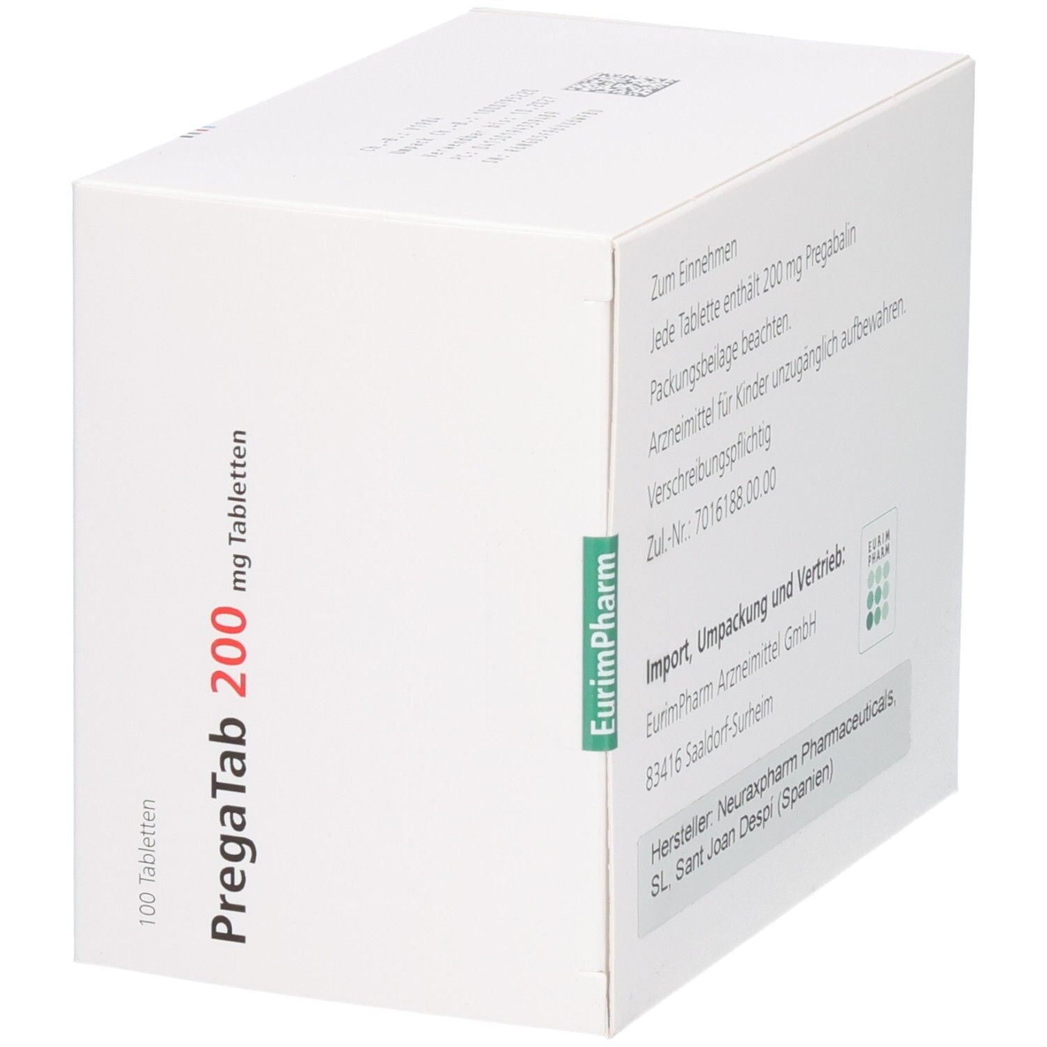 Weiße Schachtel mit Text. Rückseite mit Informationen: Zum Einnehmen, 200 mg Pregabalin, Eurimpharm, Hersteller.