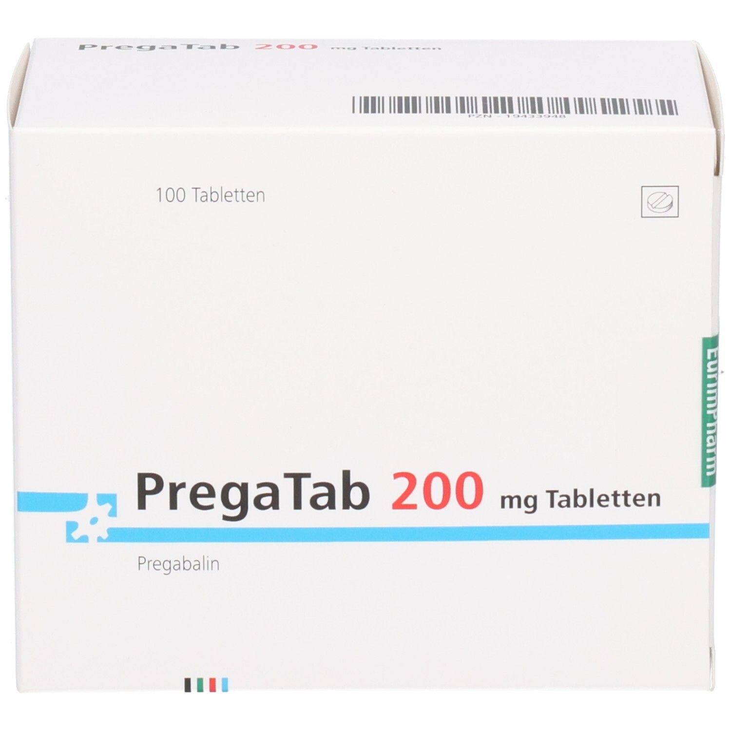 Weiße Schachtel mit PREGATAB 200 mg Tabletten. Aufschrift: 100 Tabletten. Blaue und rote Akzente. Eurimpharm Logo.