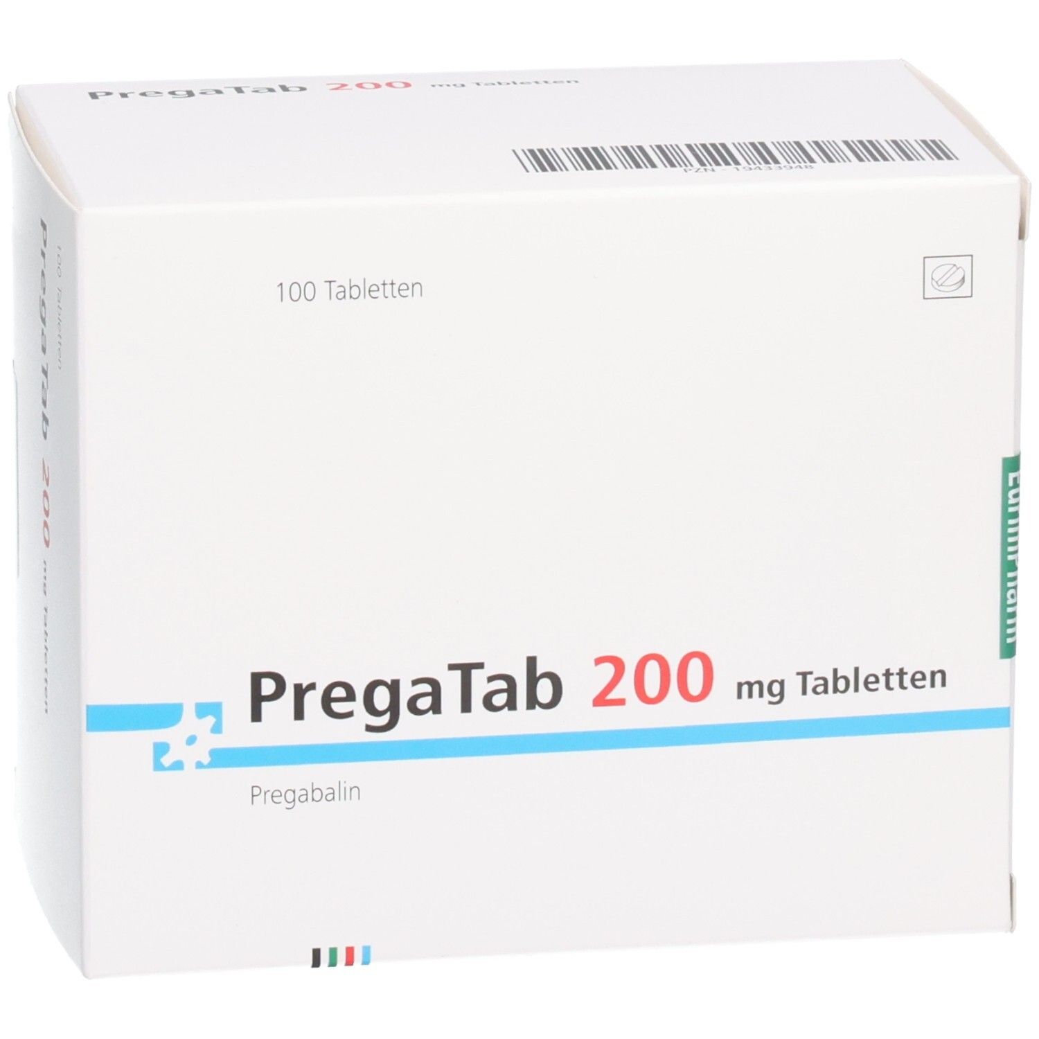 Weiße Schachtel mit PREGATAB 200 mg Tabletten. Aufschrift: 100 Tabletten. Blaue und rote Akzente. Eurimpharm Logo.
