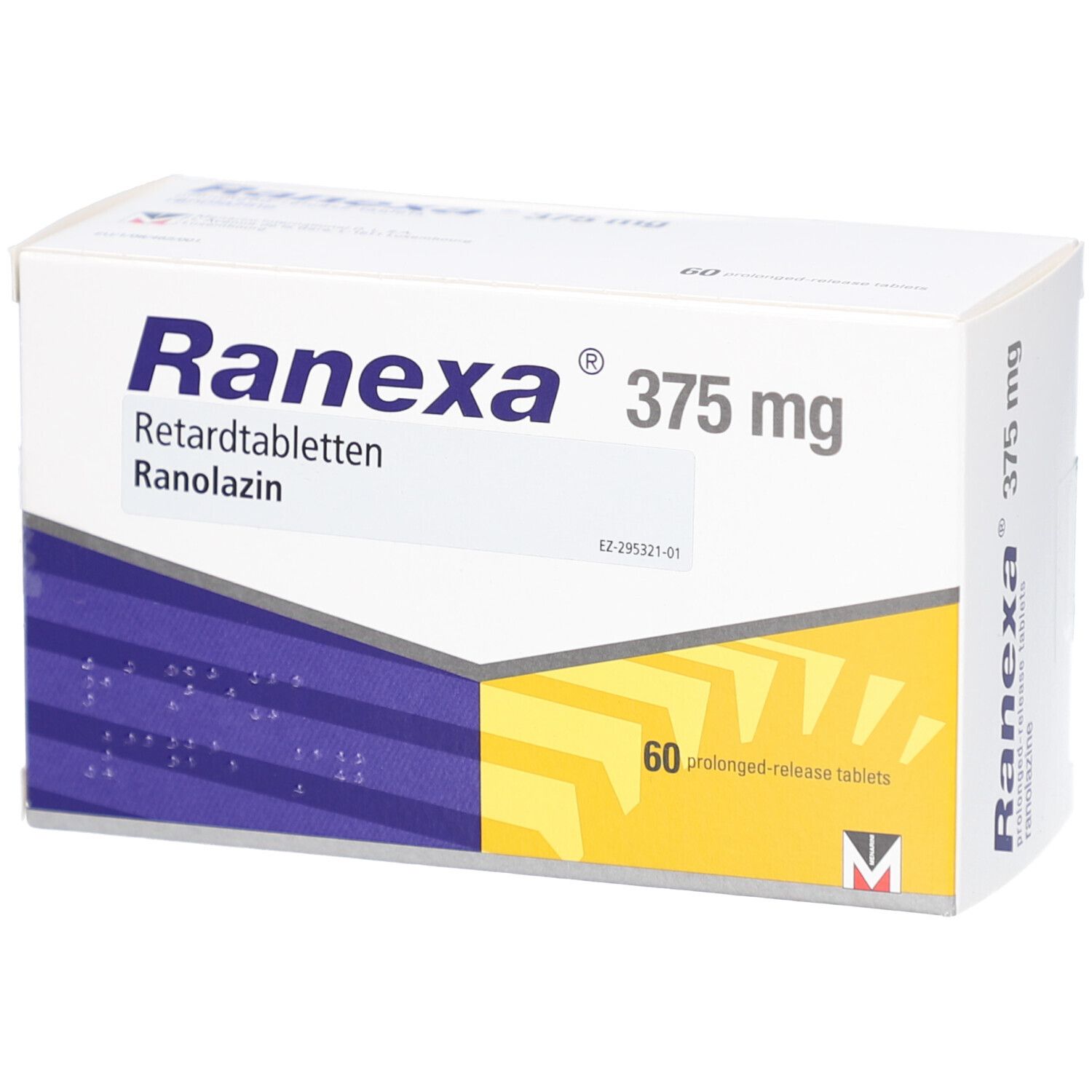 Schachtel mit "Ranexa 375 mg Retardtabletten". Blaue und gelbe Grafik. 60 Tabletten. Text in Deutsch.