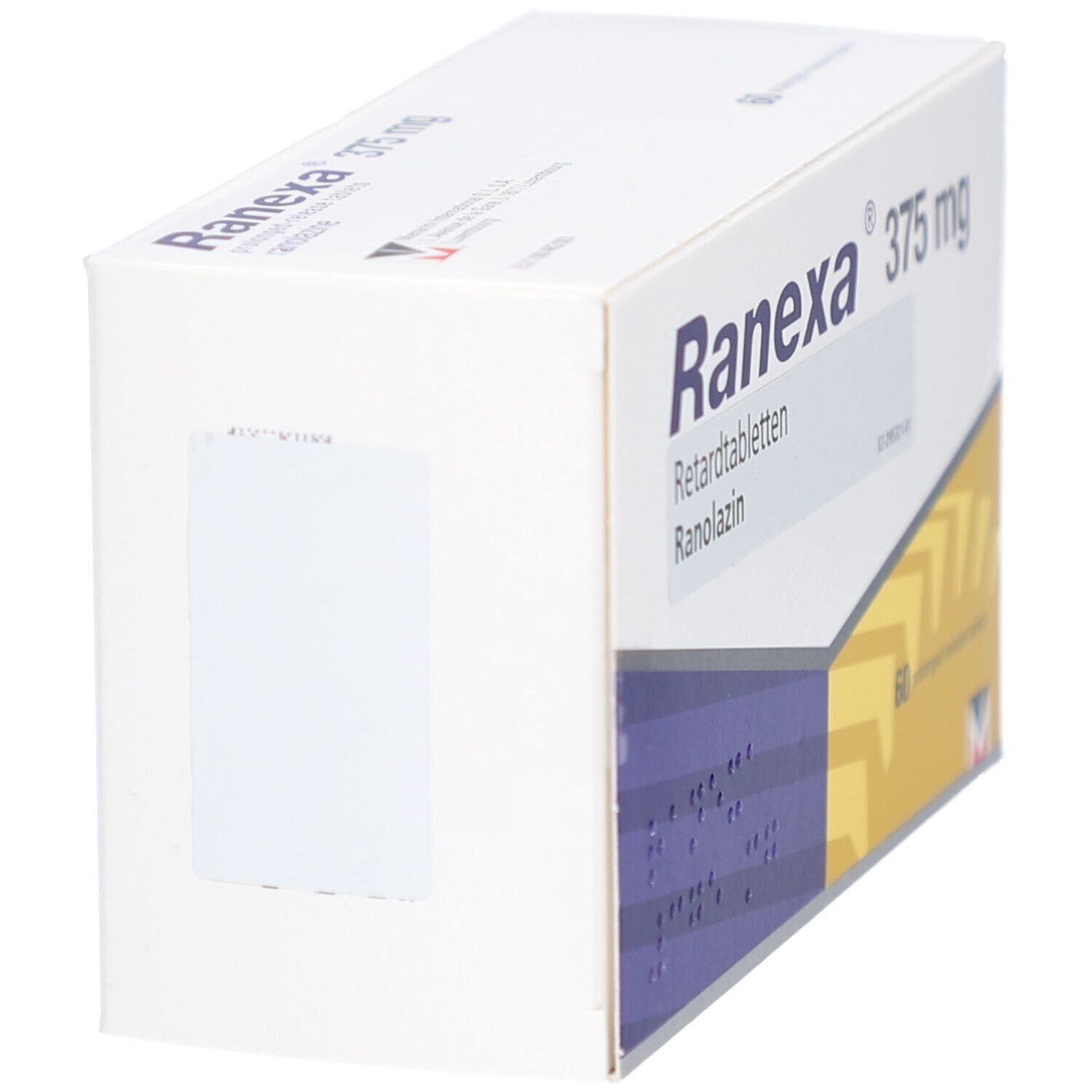 Weiße Schachtel mit "Ranexa 375 mg". Seitenansicht. Text in Deutsch. Gelbe und blaue Grafik.