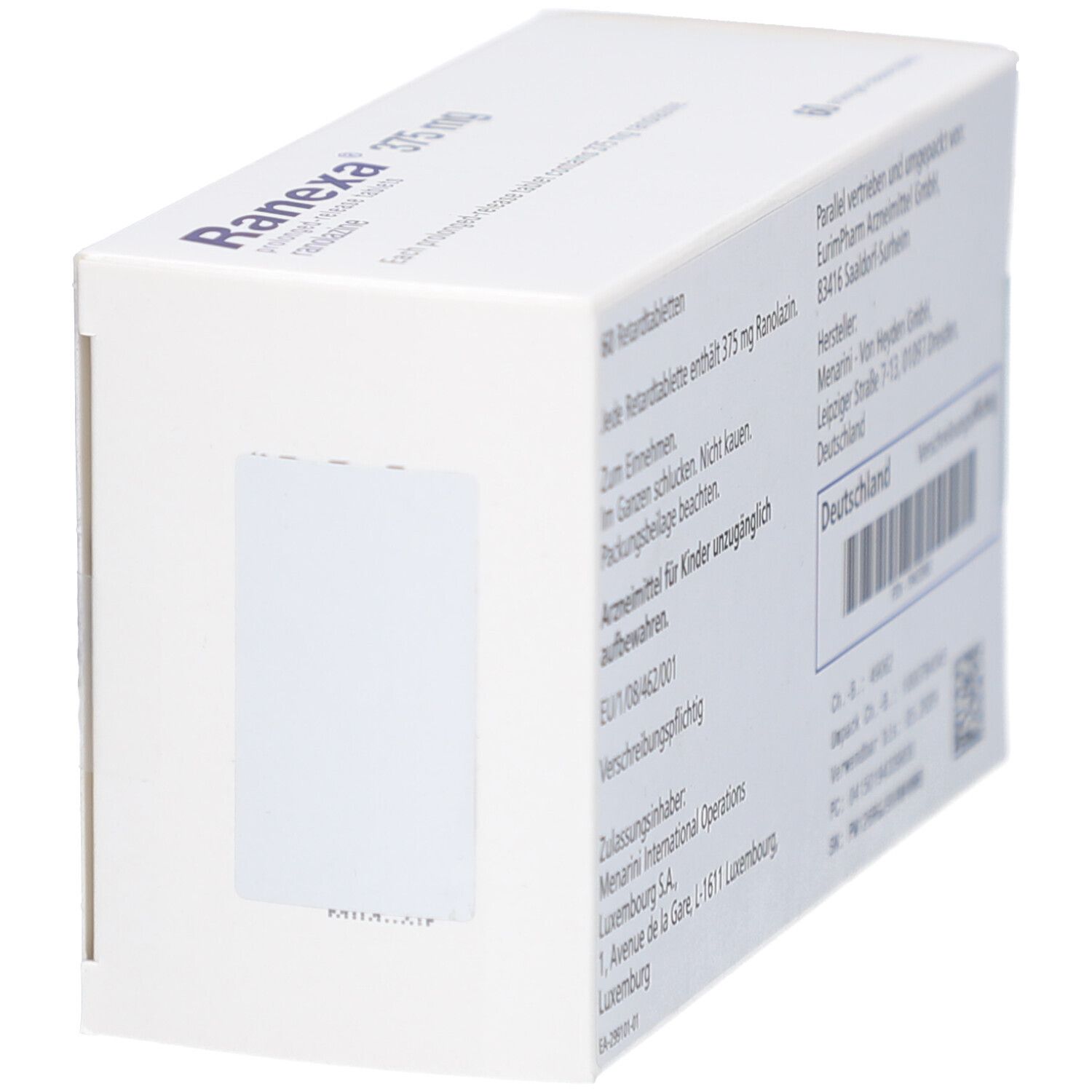 Weiße Schachtel mit "Ranexa 375 mg". Rückseite. Text in Deutsch. Barcode und Herstellerinformationen.