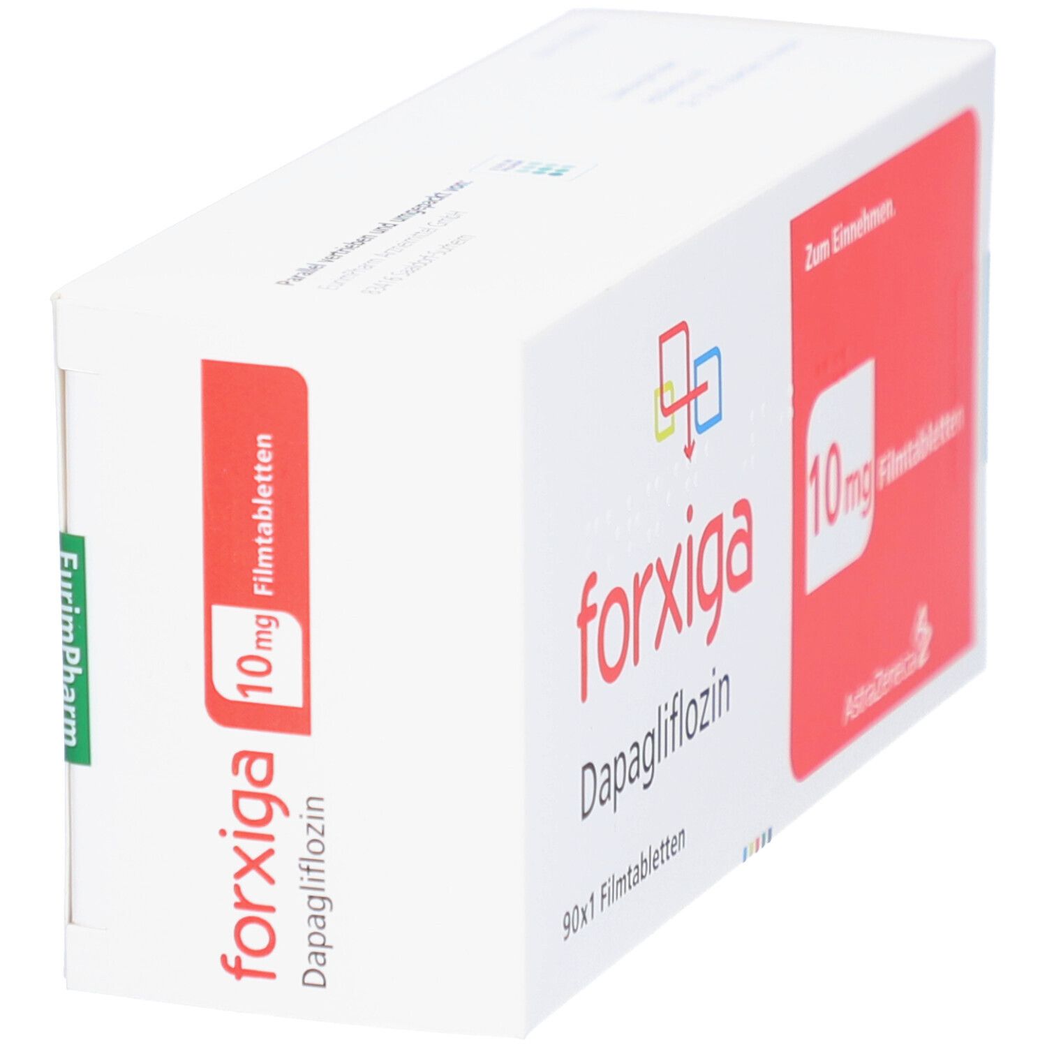 FORXIGA 10 mg Filmtabletten-Packung. Schrägansicht. Weißer Karton mit rotem Feld und Produktinformationen. AstraZeneca-Logo.