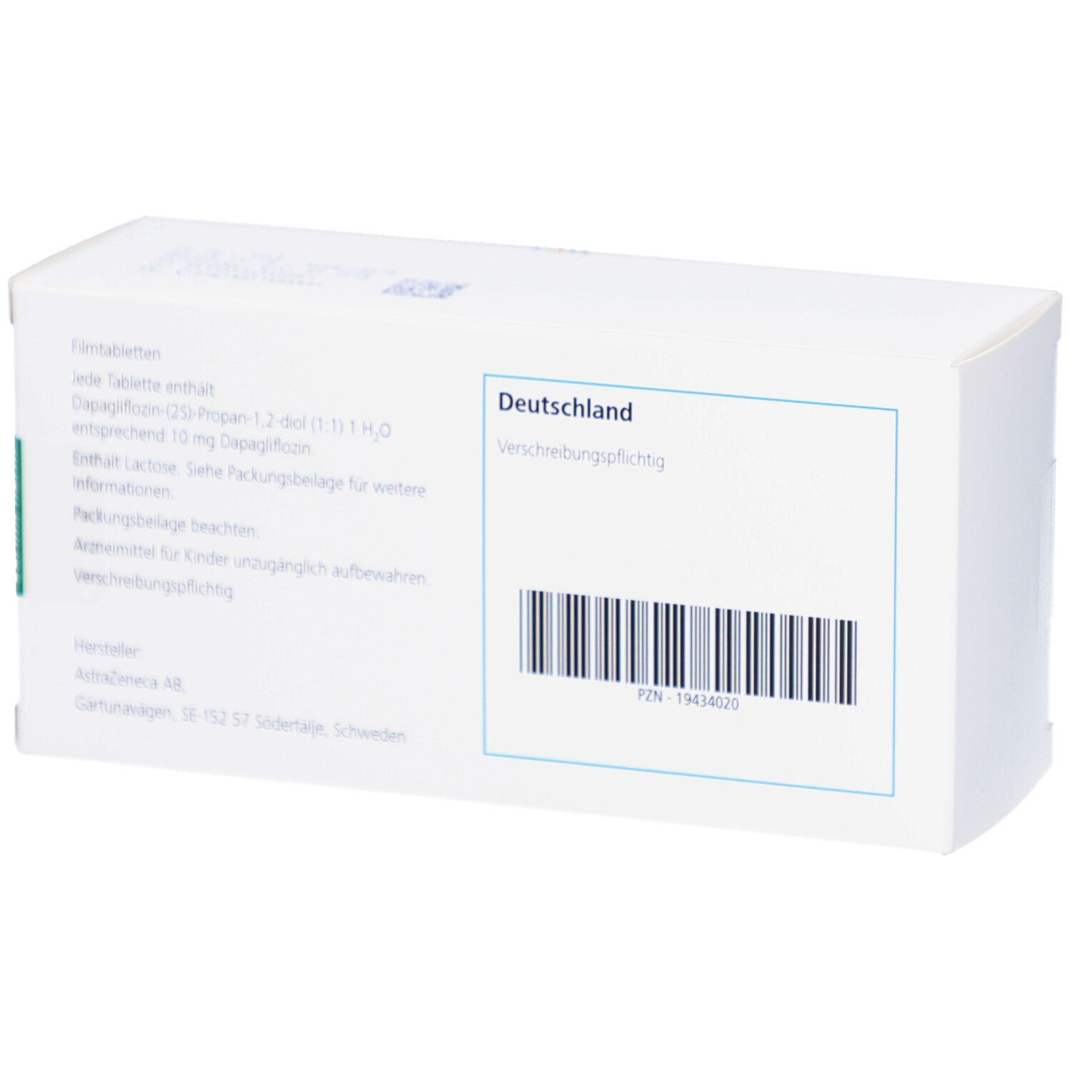 Rückseite der FORXIGA 10 mg Filmtabletten-Packung. Textinformationen, Barcode und blaue Box mit Text. Herstellerinformationen.