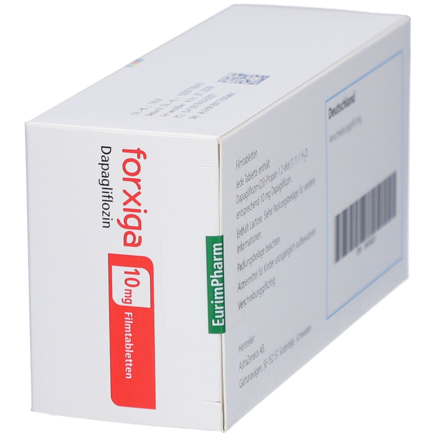 FORXIGA 10 mg Filmtabletten-Packung. Schrägansicht. Weißer Karton mit rotem Feld und Produktinformationen. Hersteller- und Apothekenlogo.