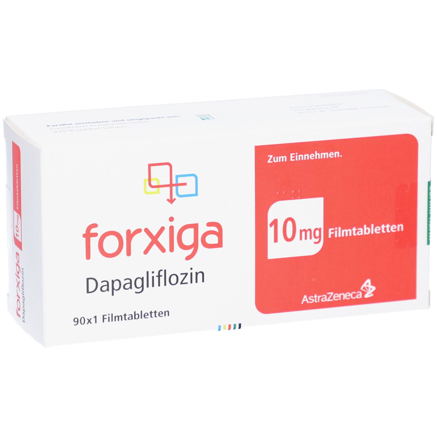 FORXIGA 10 mg Filmtabletten-Packung. Weißer Karton mit rotem Feld und Produktinformationen. AstraZeneca-Logo. 90x1 Filmtabletten.
