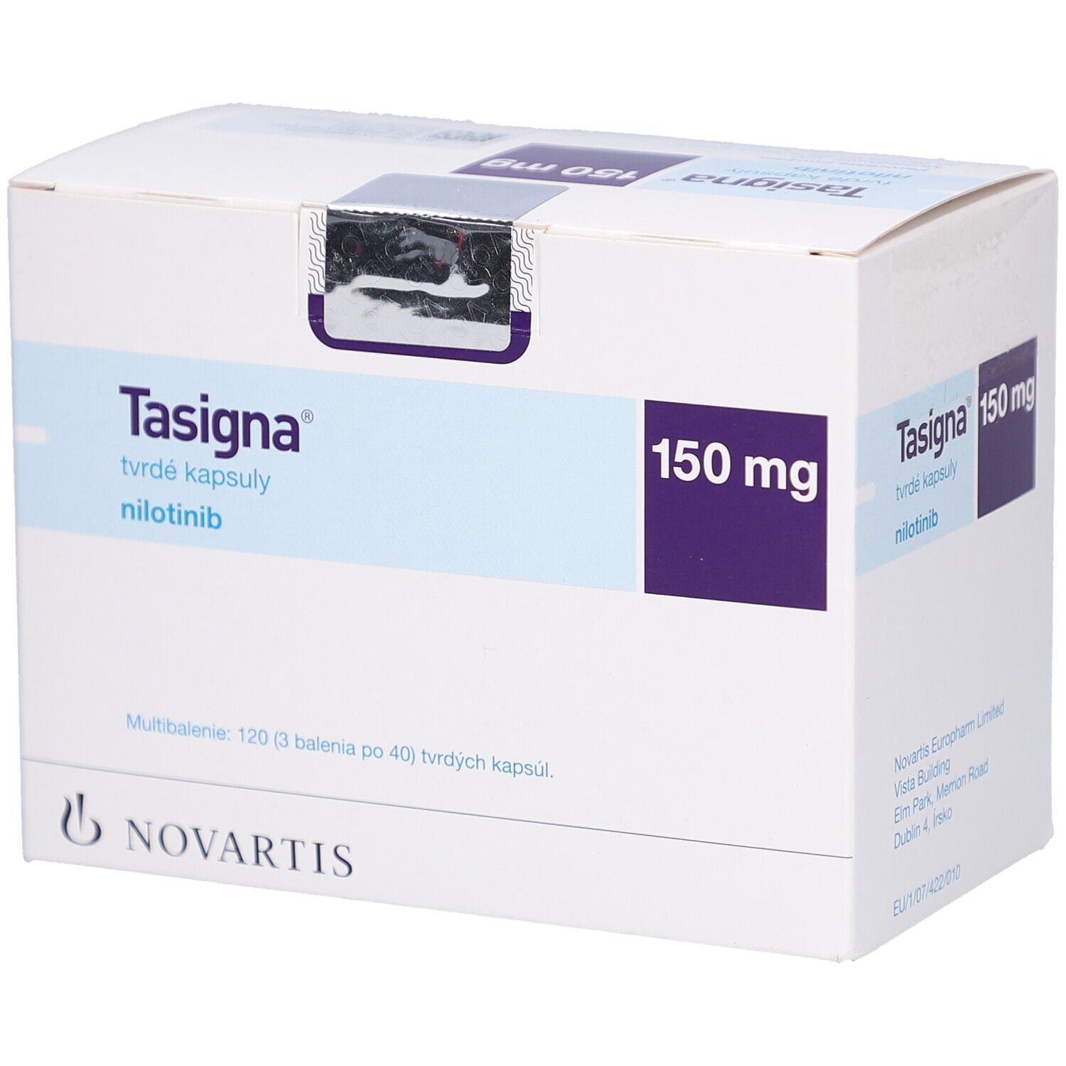 TASIGNA 150 mg Hartkapseln. Weiße Schachtel mit blauen und violetten Akzenten. Novartis-Logo unten links.
