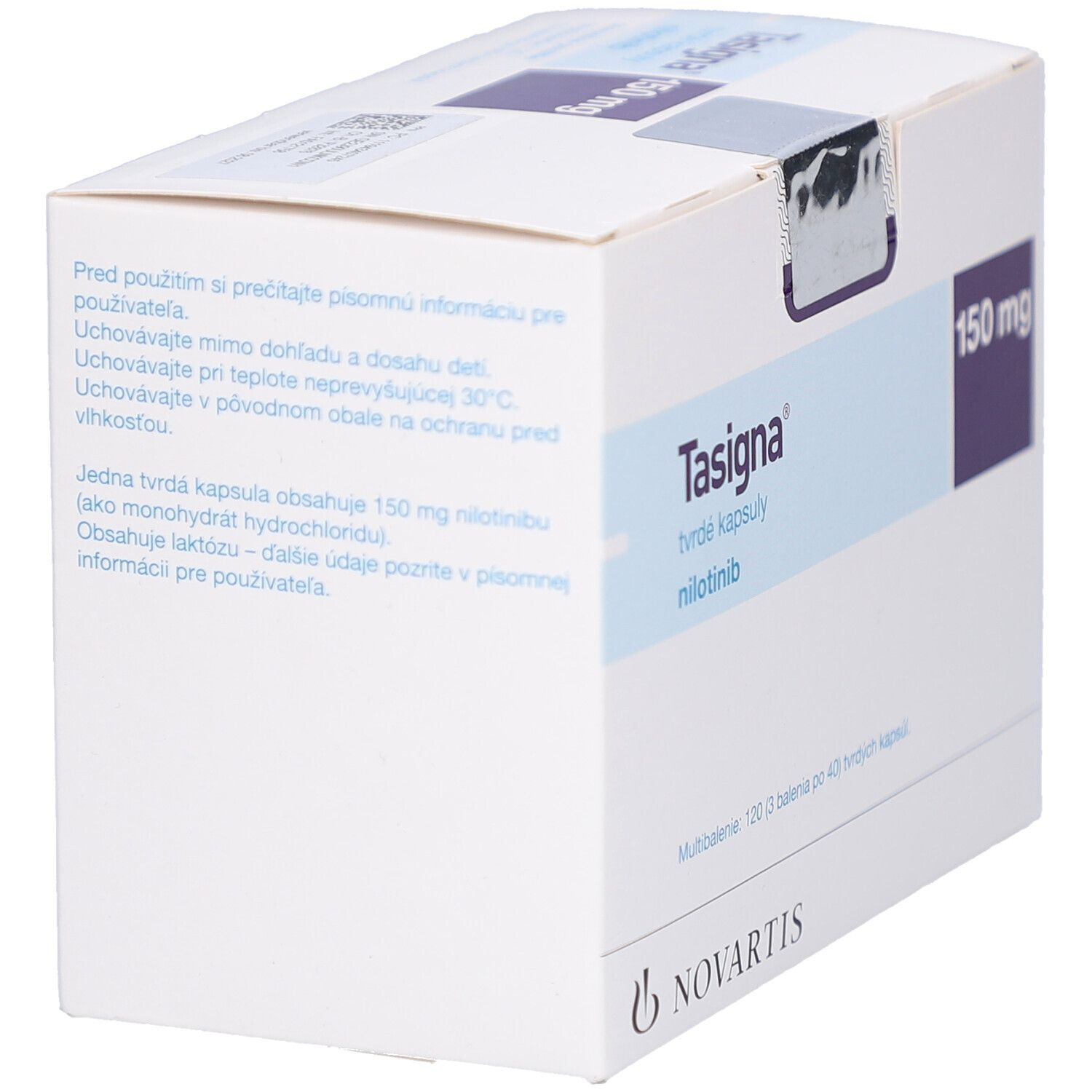 TASIGNA 150 mg Schachtel, Seitenansicht. Weiße Schachtel mit Text und 150 mg Angabe. Novartis-Logo.
