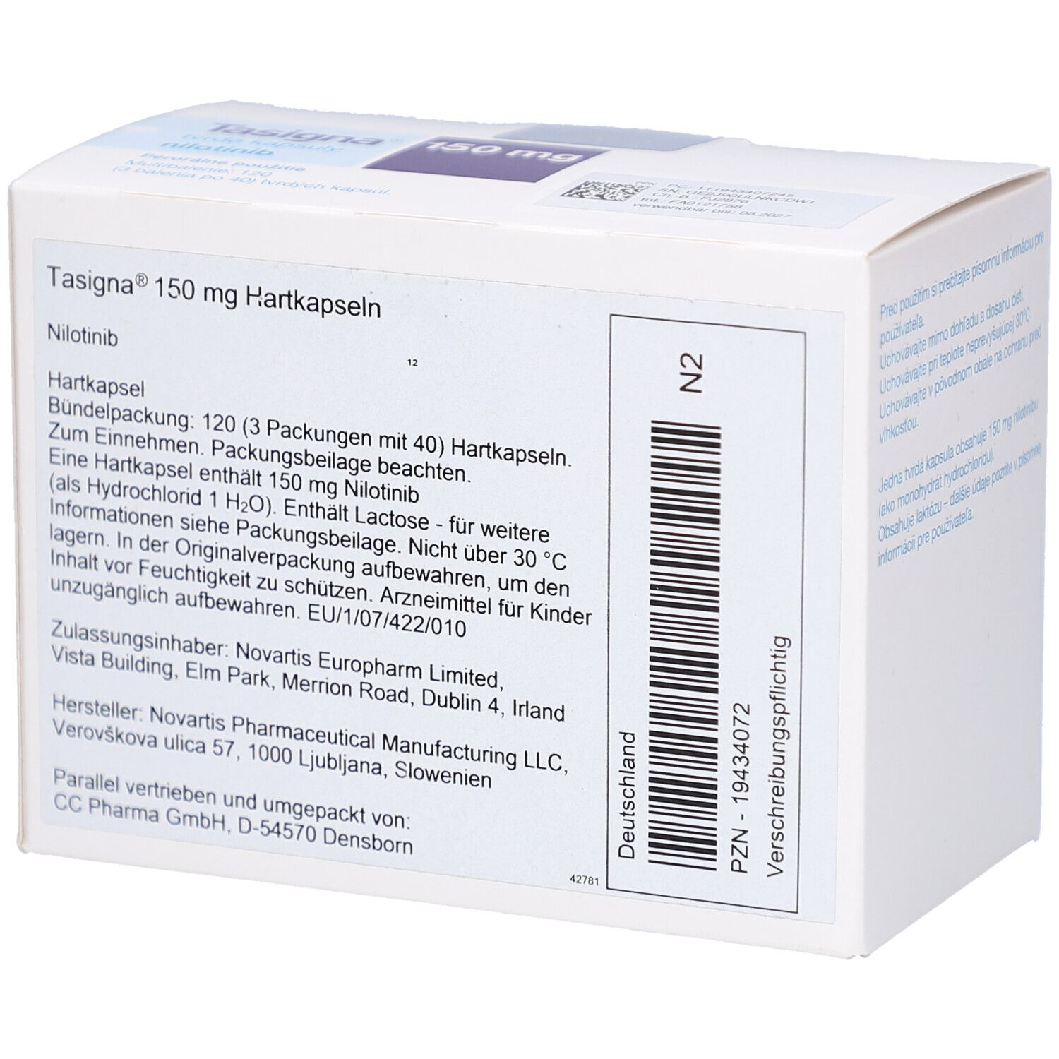 TASIGNA 150 mg Hartkapseln. Weiße Schachtel mit Text und Barcode. Novartis-Logo. Packungsbeilage.