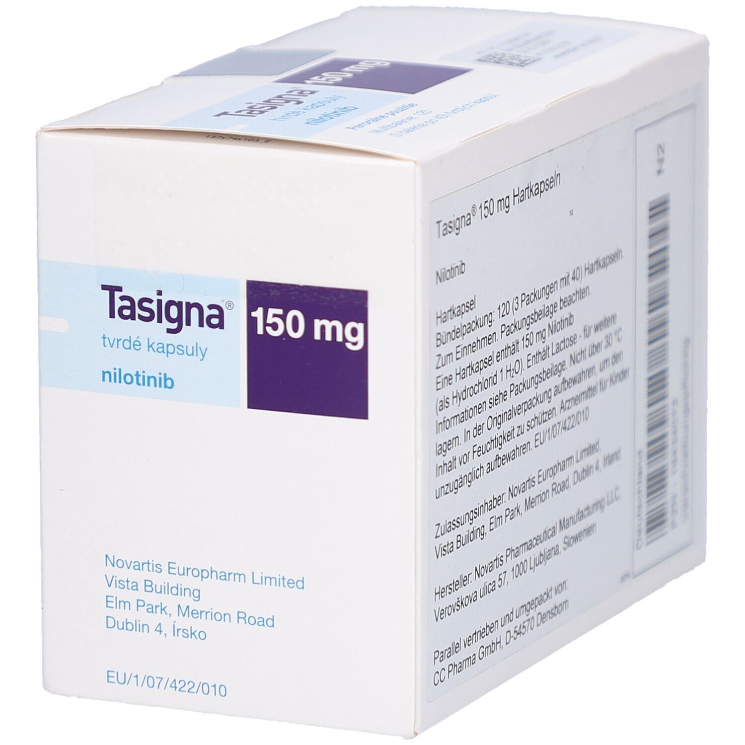 TASIGNA 150 mg Hartkapseln. Weiße Schachtel mit Text und 150 mg Angabe. Novartis-Logo.