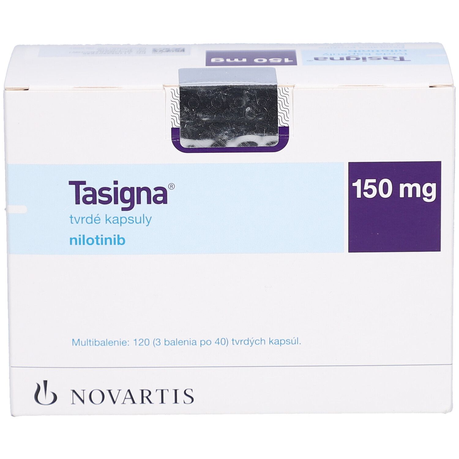 TASIGNA 150 mg Hartkapseln. Weiße Schachtel mit blauen und violetten Akzenten. Novartis-Logo.