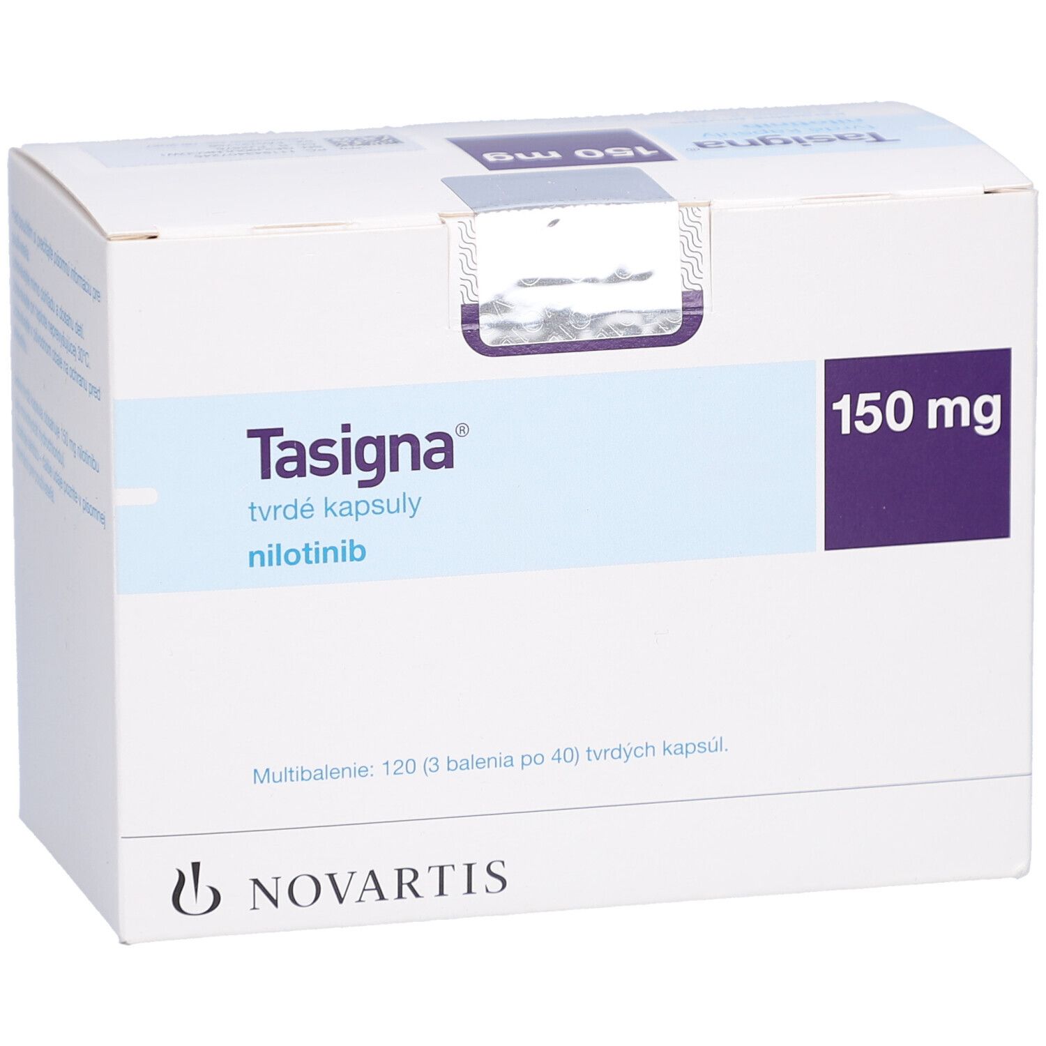 TASIGNA 150 mg Hartkapseln. Weiße Schachtel mit blauen und violetten Akzenten. Novartis-Logo.
