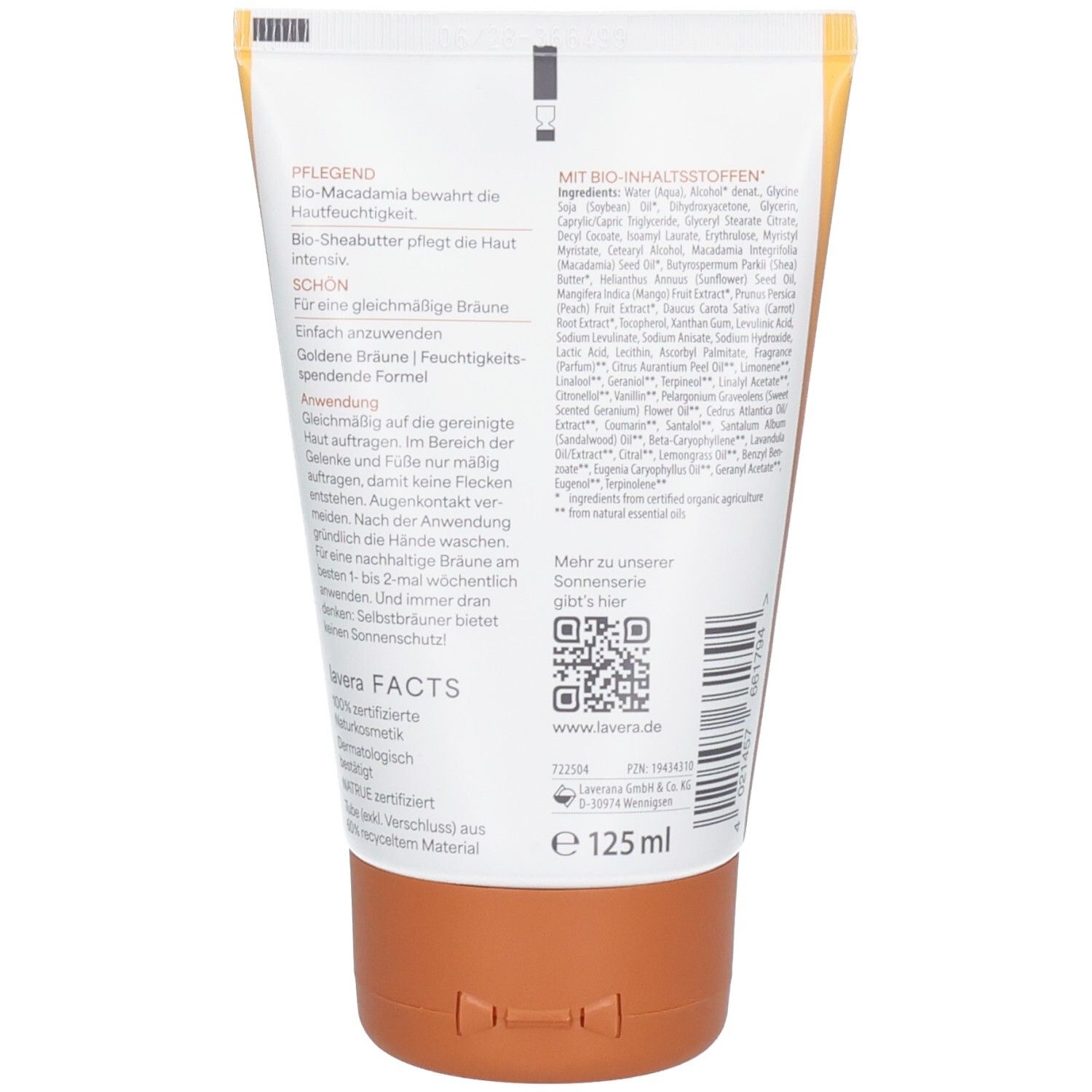 Rückseite der Lavera Selbstbräunungslotion: Inhaltsstoffe, Anwendungshinweise und QR-Code. 125 ml.