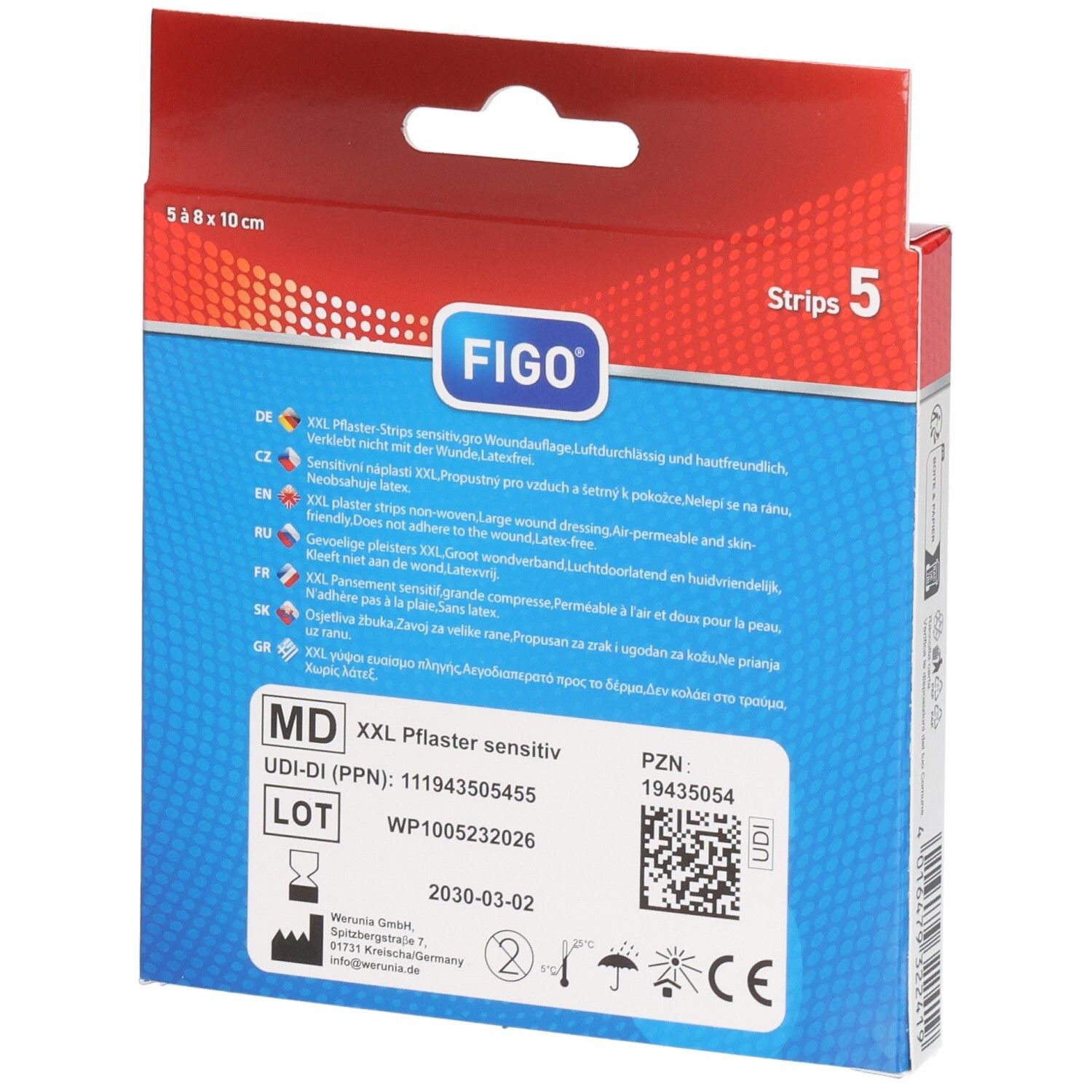 Rückseite der Verpackung Figo XXL Pflaster sensitiv, 8x10 cm, weiß. Enthält 5 Stück.