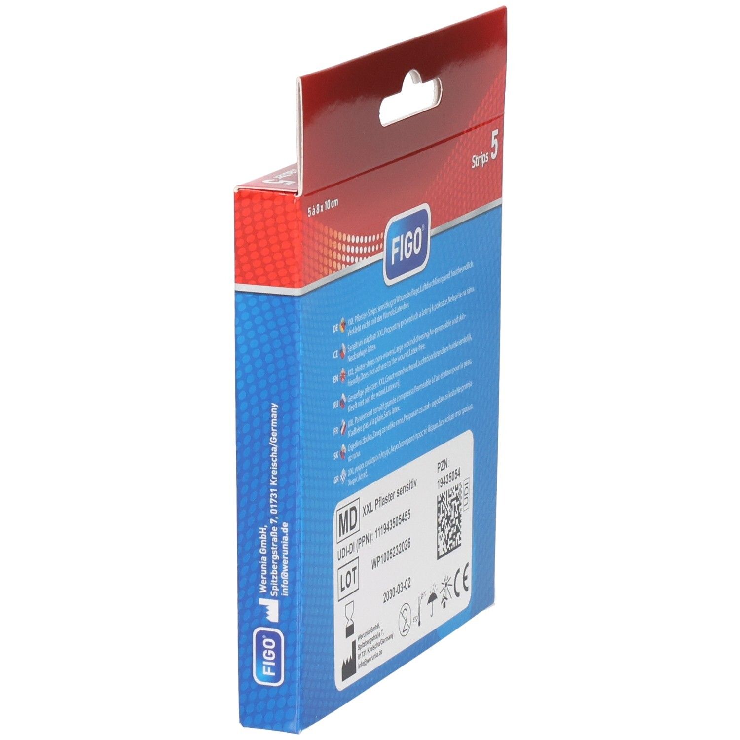 Seitenansicht der Verpackung Figo XXL Pflaster sensitiv, 8x10 cm, weiß.