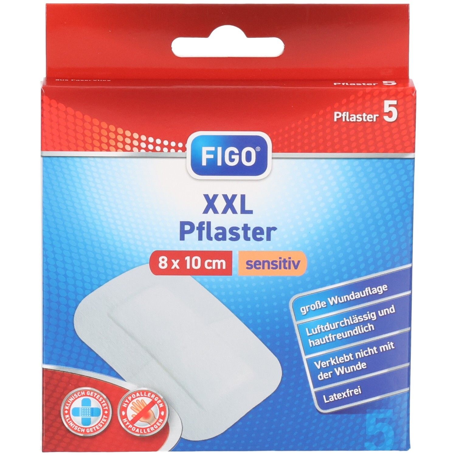 Verpackung Figo XXL Pflaster sensitiv, 8x10 cm, weiß. Enthält 5 Stück.