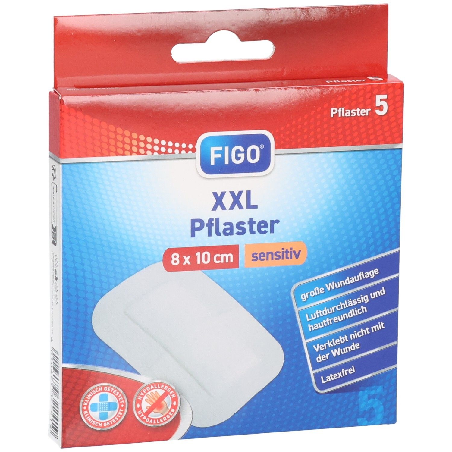 Verpackung Figo XXL Pflaster sensitiv, 8x10 cm, weiß. Enthält 5 Stück.