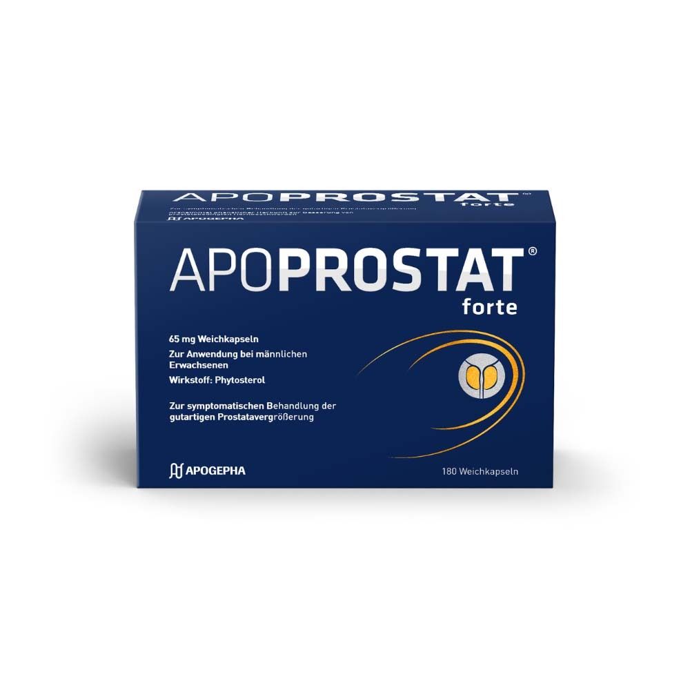 APOPROSTAT forte, blaue Schachtel. Enthält 180 Weichkapseln. Aufschrift: 65 mg Weichkapseln, für Männer.