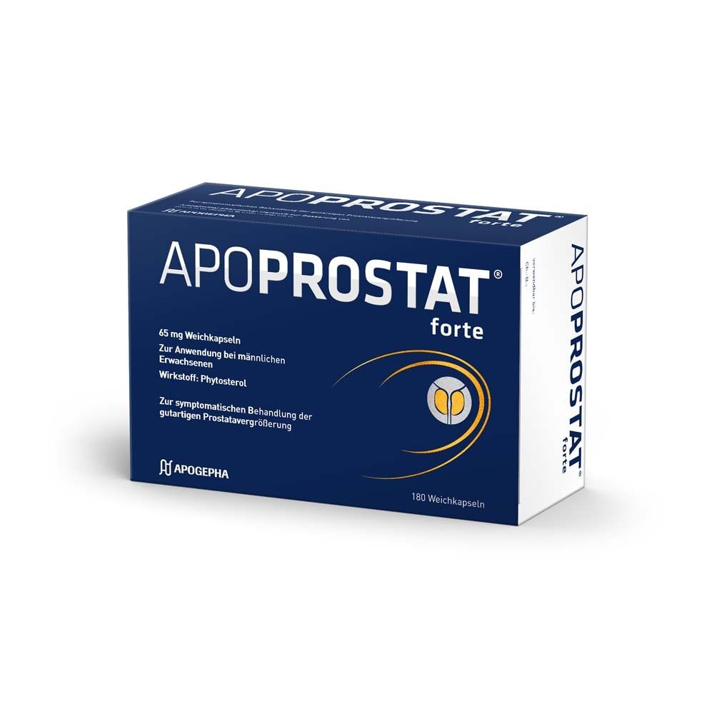 APOPROSTAT forte, blaue Schachtel. Enthält 180 Weichkapseln. Aufschrift: 65 mg Weichkapseln, für Männer.