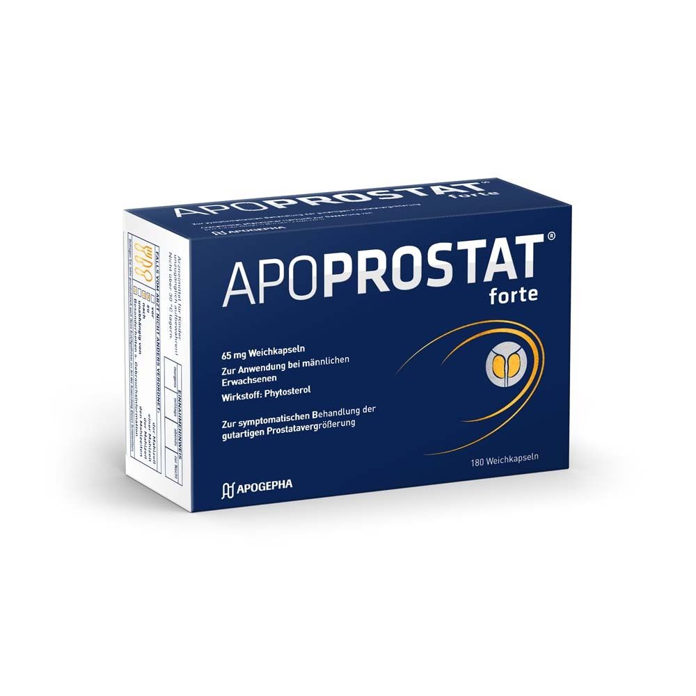 APOPROSTAT forte, blaue Schachtel. Enthält 180 Weichkapseln. Aufschrift: 65 mg Weichkapseln, für Männer.