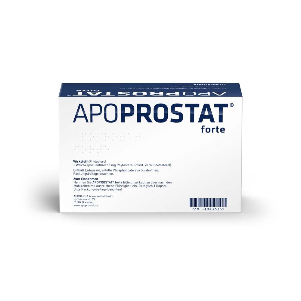 APOPROSTAT forte, blaue Schachtel. Enthält 180 Weichkapseln. Aufschrift: 65 mg Weichkapseln, für Männer.