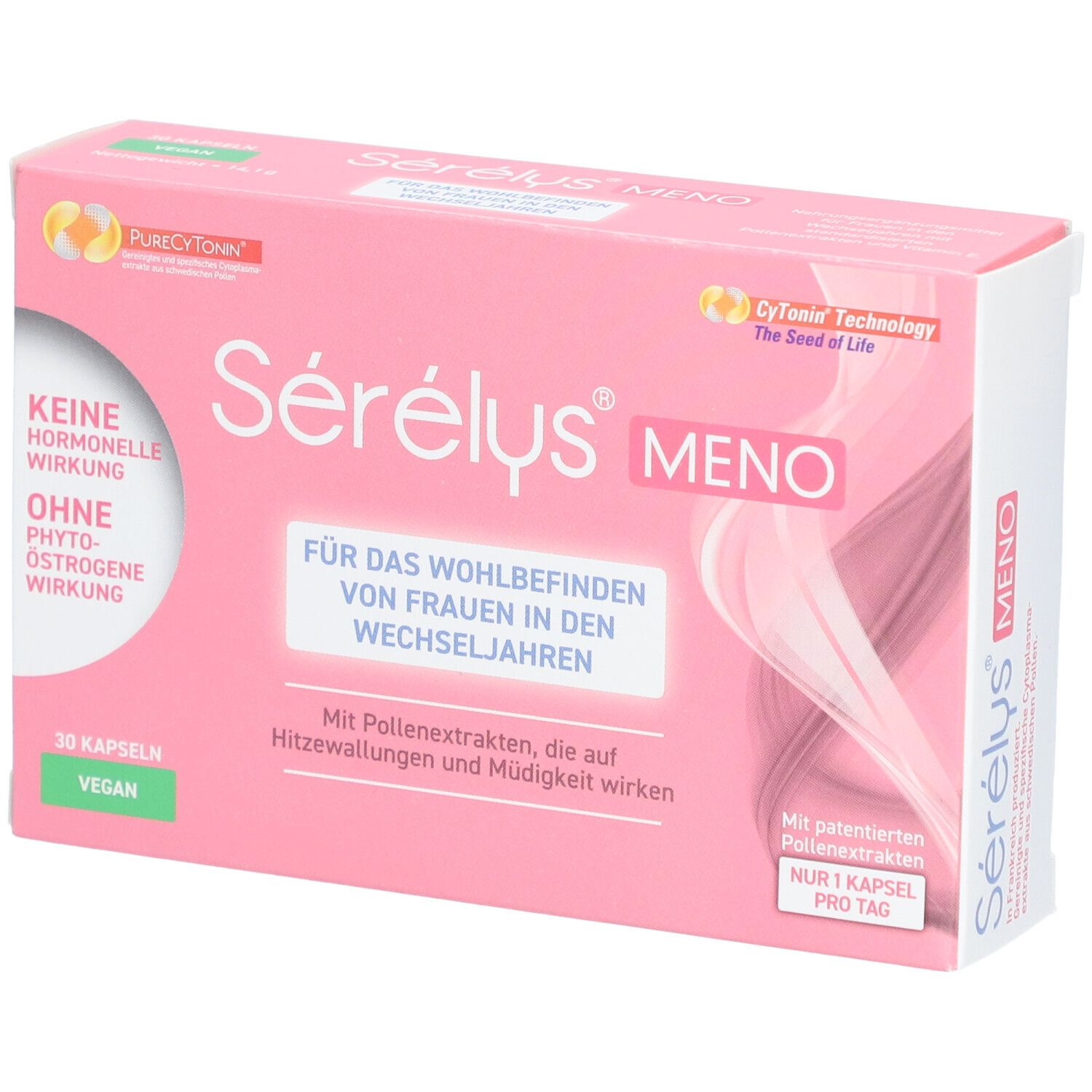Rosa Schachtel mit Sérélys® MENO. Text: Keine hormonelle Wirkung, ohne Phyto-Östrogene. 30 Kapseln, vegan.