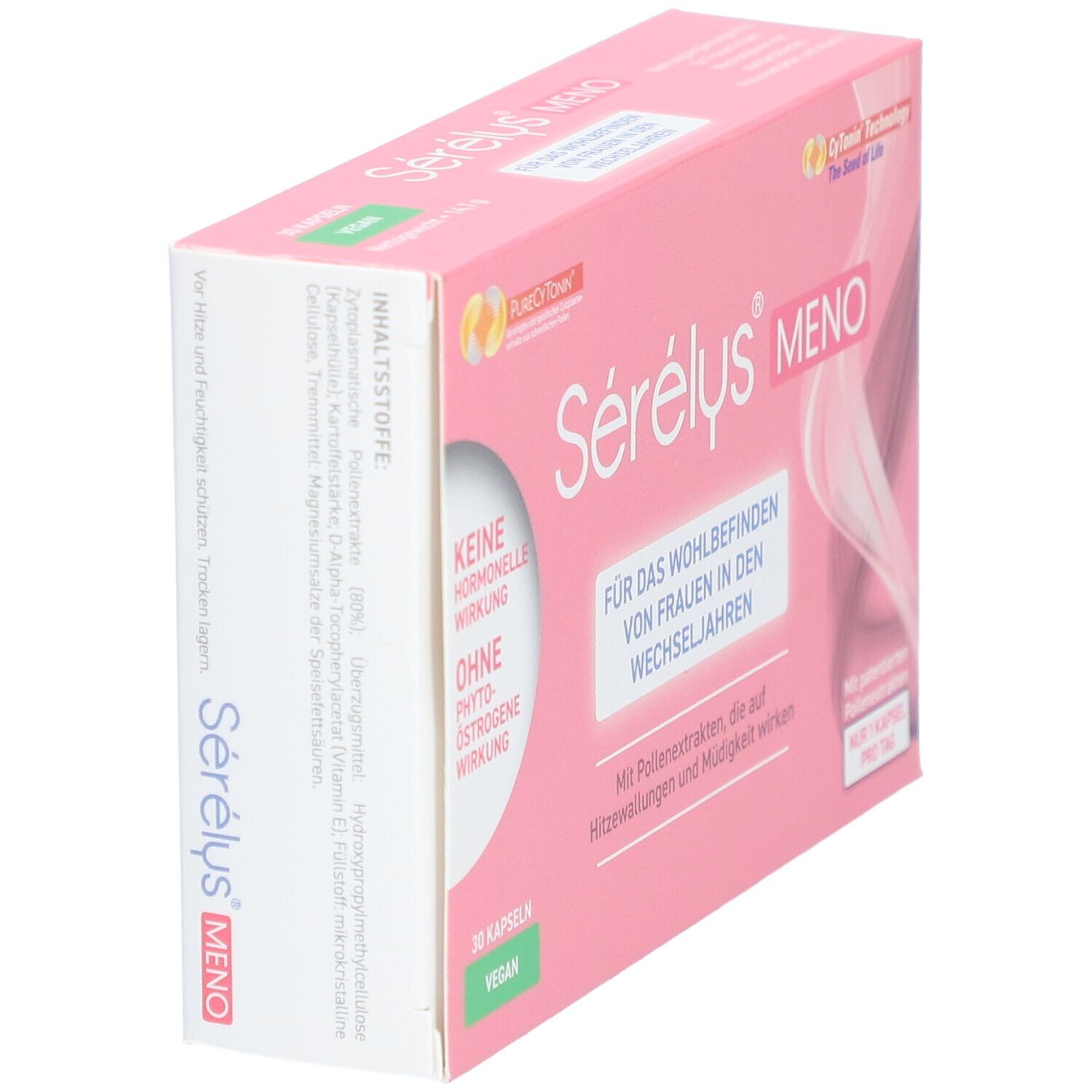 Schräg gestellte, rosa Sérélys® MENO Schachtel. Text: Für das Wohlbefinden von Frauen in den Wechseljahren. 30 Kapseln.