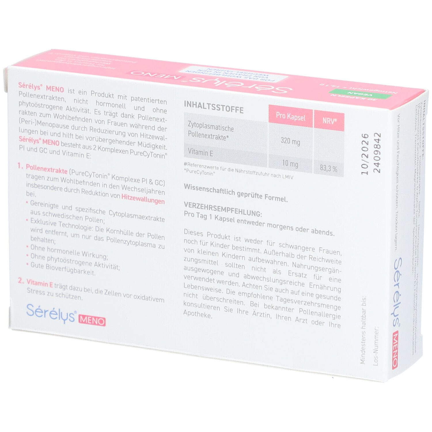 Rückseite der Sérélys® MENO Schachtel. Text: Inhaltsstoffe, Verzehrsempfehlung, Hinweise. Haltbarkeit bis 10/2026.
