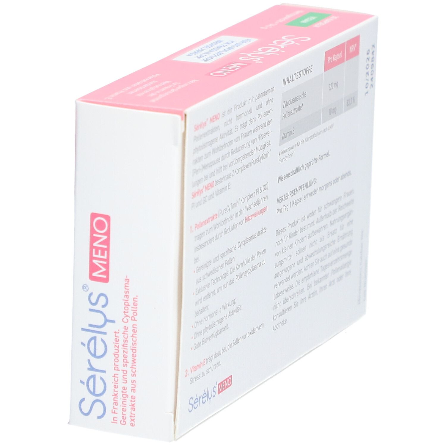 Schräg gestellte Sérélys® MENO Schachtel. Text: Inhaltsstoffe, Verzehrsempfehlung. Hergestellt in Frankreich.