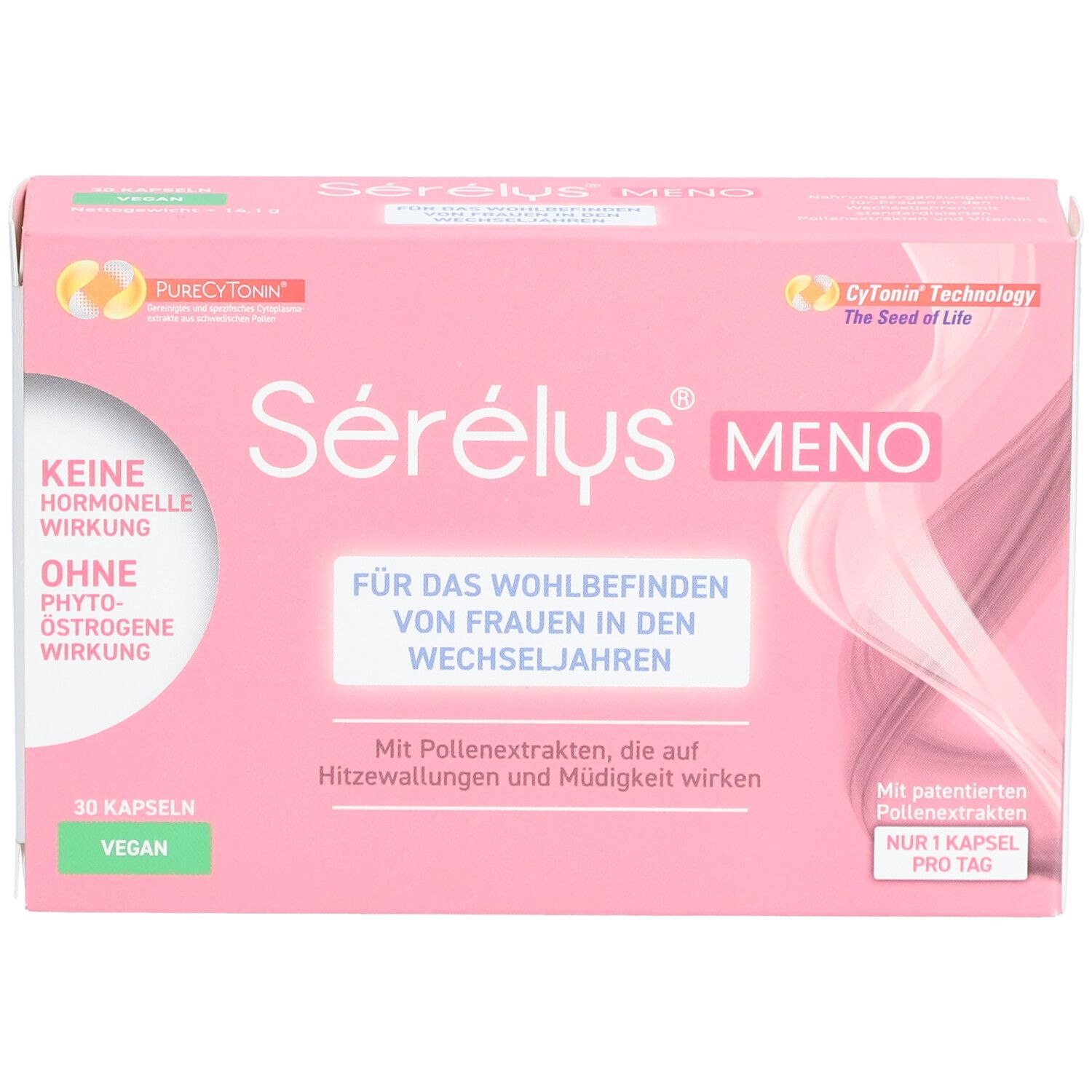 Rosa Sérélys® MENO Schachtel. Text: Keine hormonelle Wirkung, ohne Phyto-Östrogene. 30 Kapseln, vegan.
