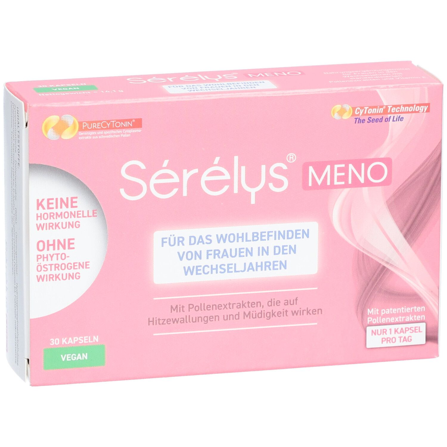 Rosa Sérélys® MENO Schachtel. Text: Keine hormonelle Wirkung, ohne Phyto-Östrogene. 30 Kapseln, vegan.