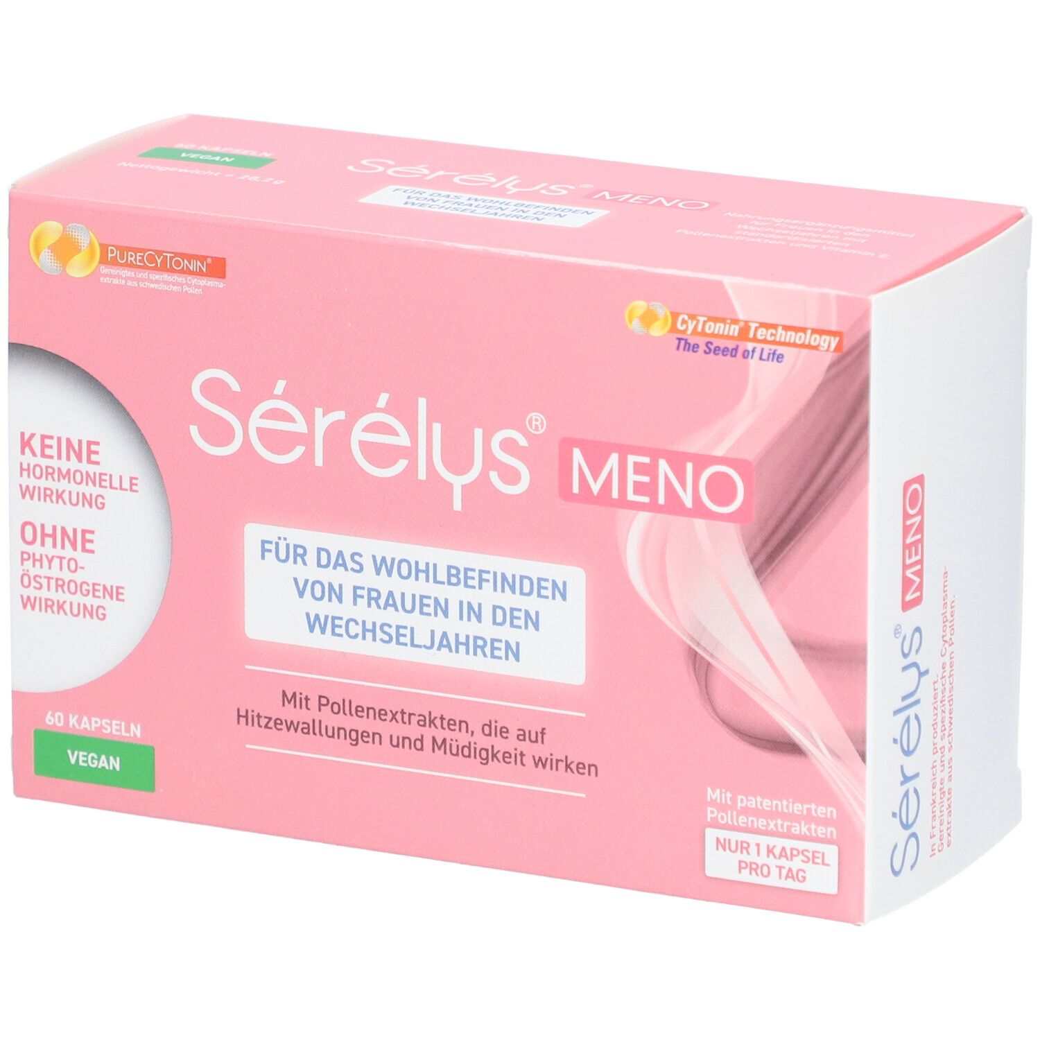 Rosa Schachtel mit "Sérélys Meno". Text: "Für das Wohlbefinden von Frauen in den Wechseljahren". 60 Kapseln, vegan.