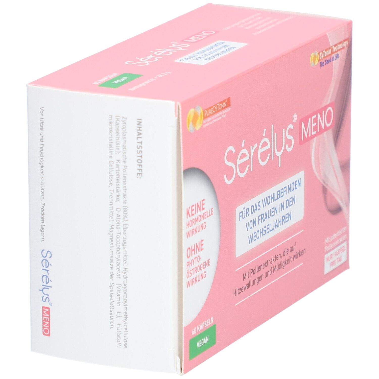Rosa Schachtel "Sérélys Meno". Text: "Für das Wohlbefinden von Frauen in den Wechseljahren". 60 Kapseln, vegan.
